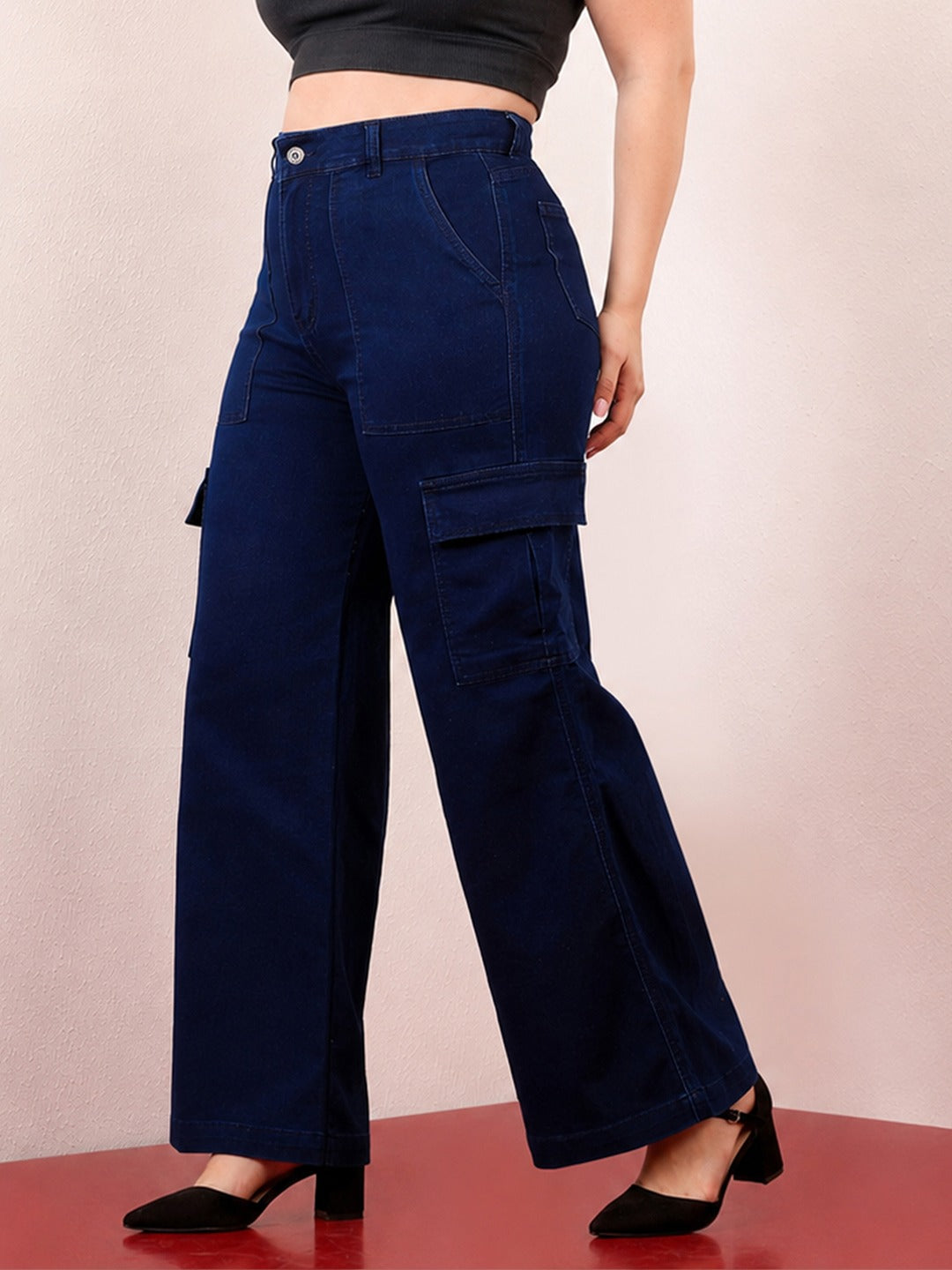 Navy Blue Wide-Leg High-Rise Stretchable Denim Cargo Jeans for Women