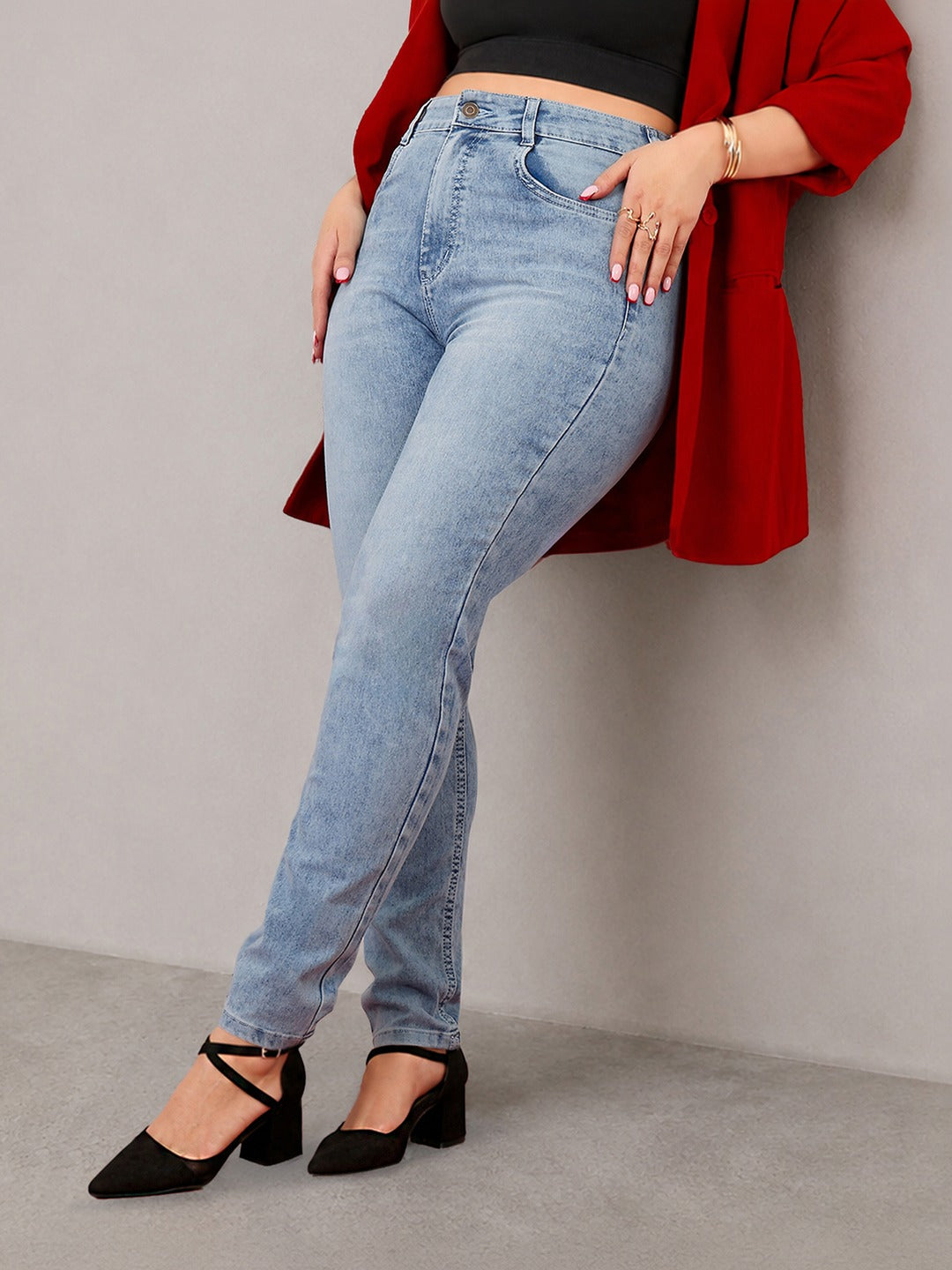 Light Blue Slim Fit High Rise Light Wash Denim Stretchable Jeans for Women