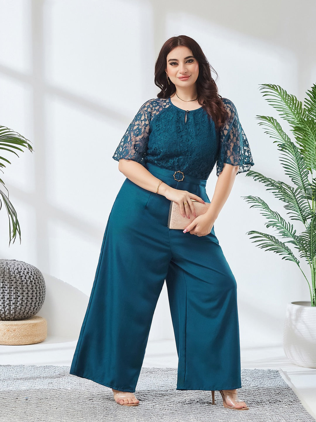 Teal Round Neck Flared Sleeve Floral Raglan Regular Jumpsuit for Women