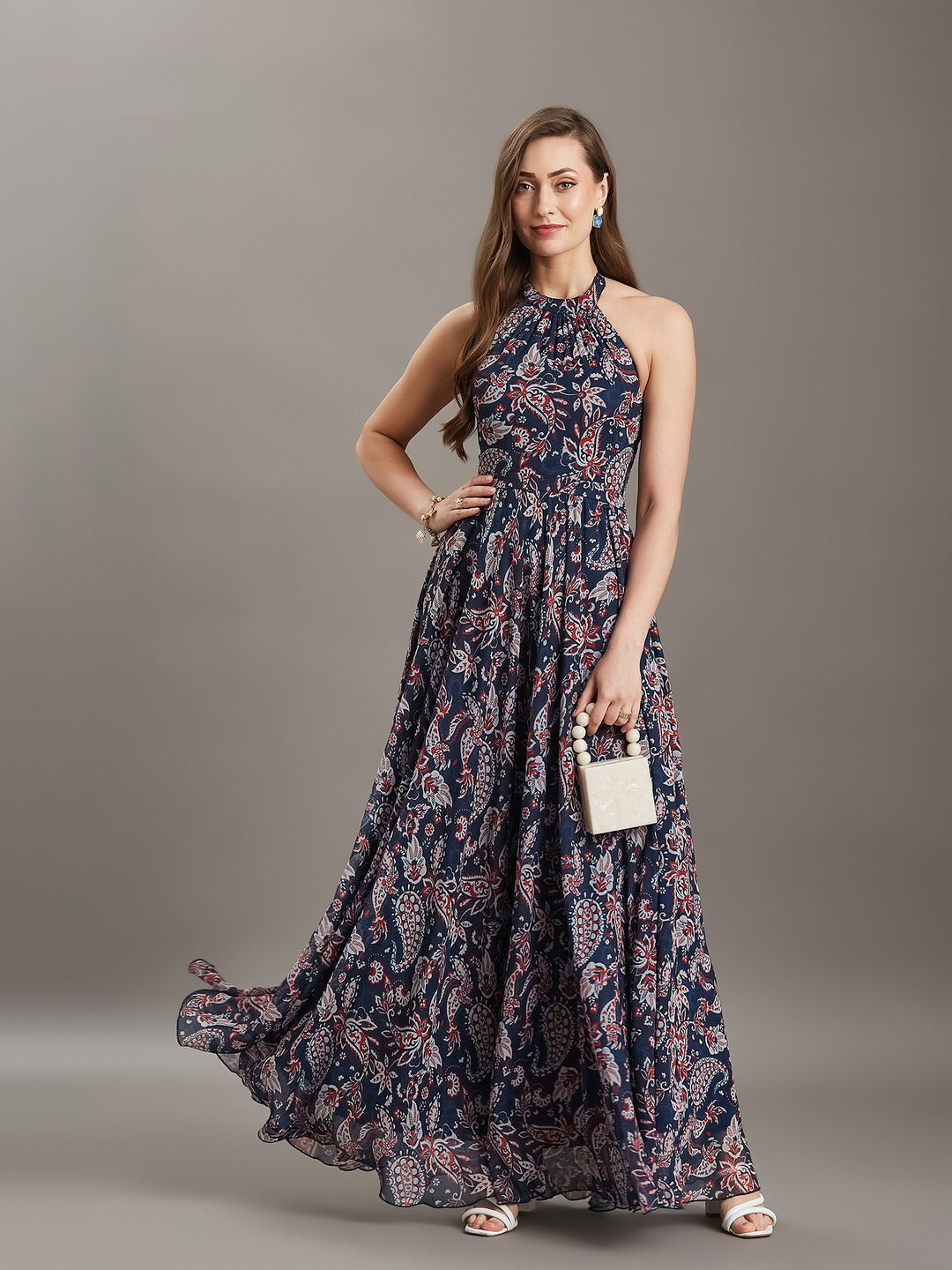 Navy Blue Tie-Up Sleeveless Abstract Fit & Flare Maxi Chiffon Dress for Women