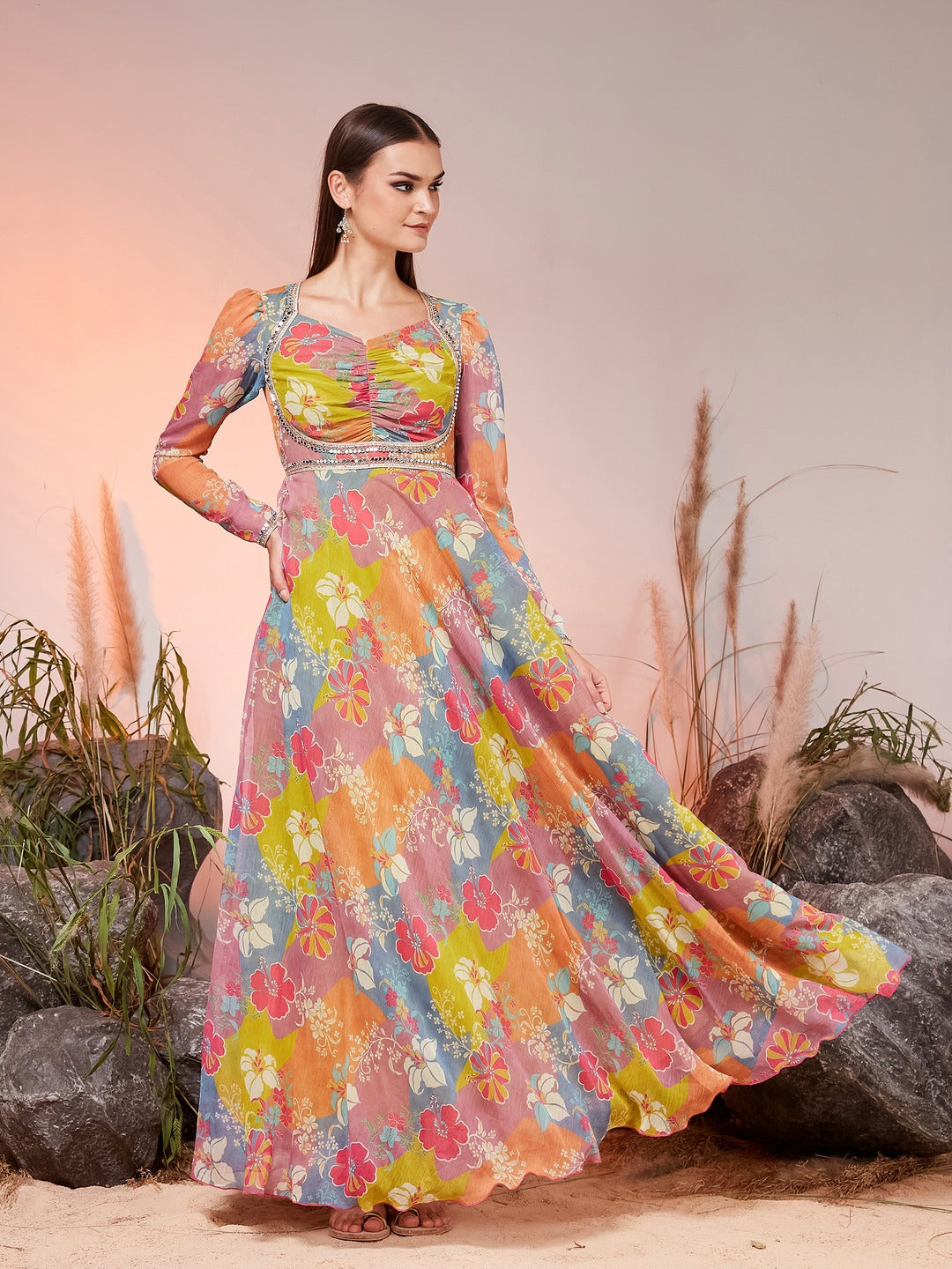 Lilac Sweetheart Neck Bishop Floral Ruched Maxi Chiffon Ethnic Dress for Women