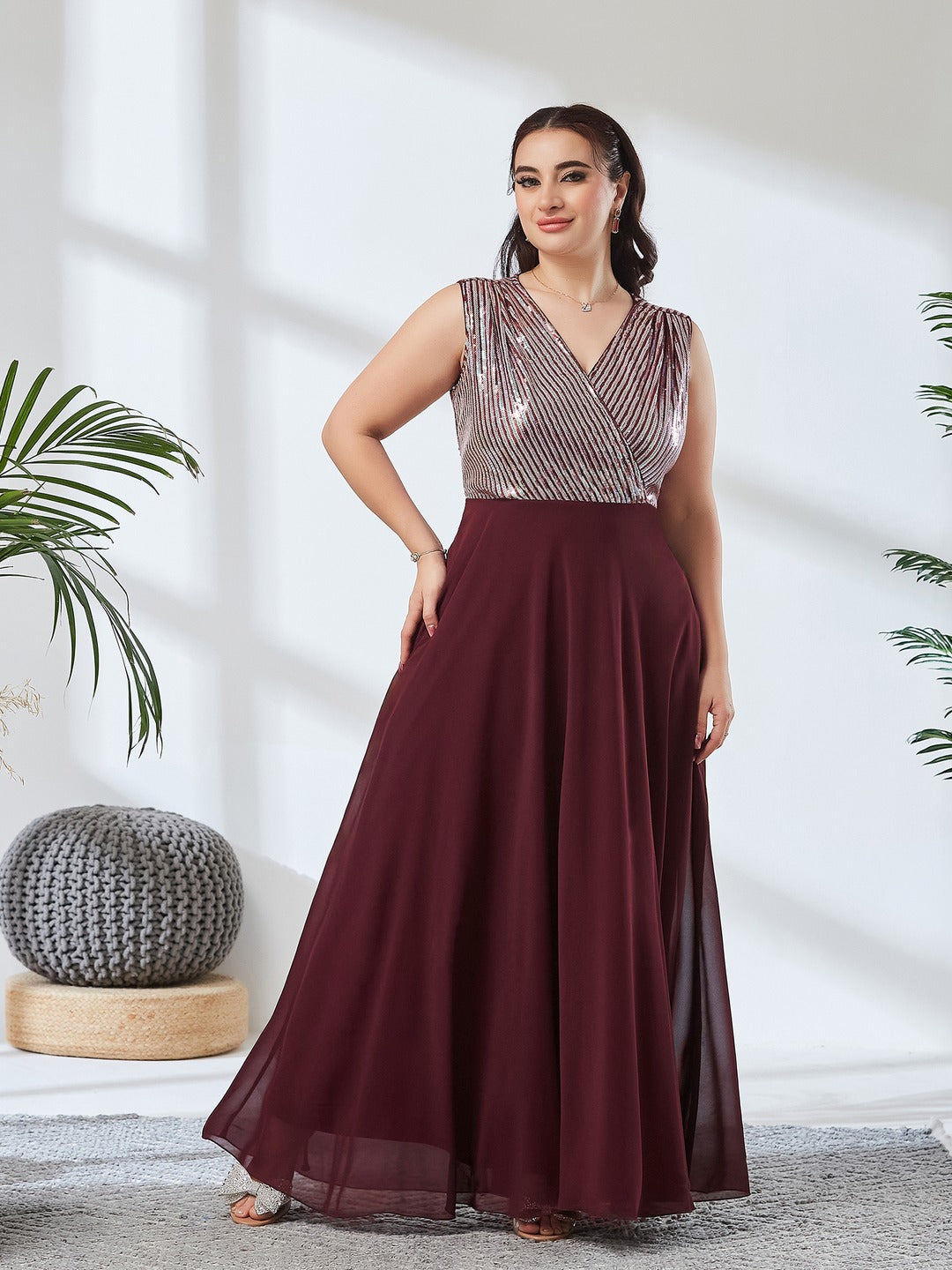 Wine V-Neck Sleeveless Embellished Wrap-Styled Maxi Georgette Dress for Women