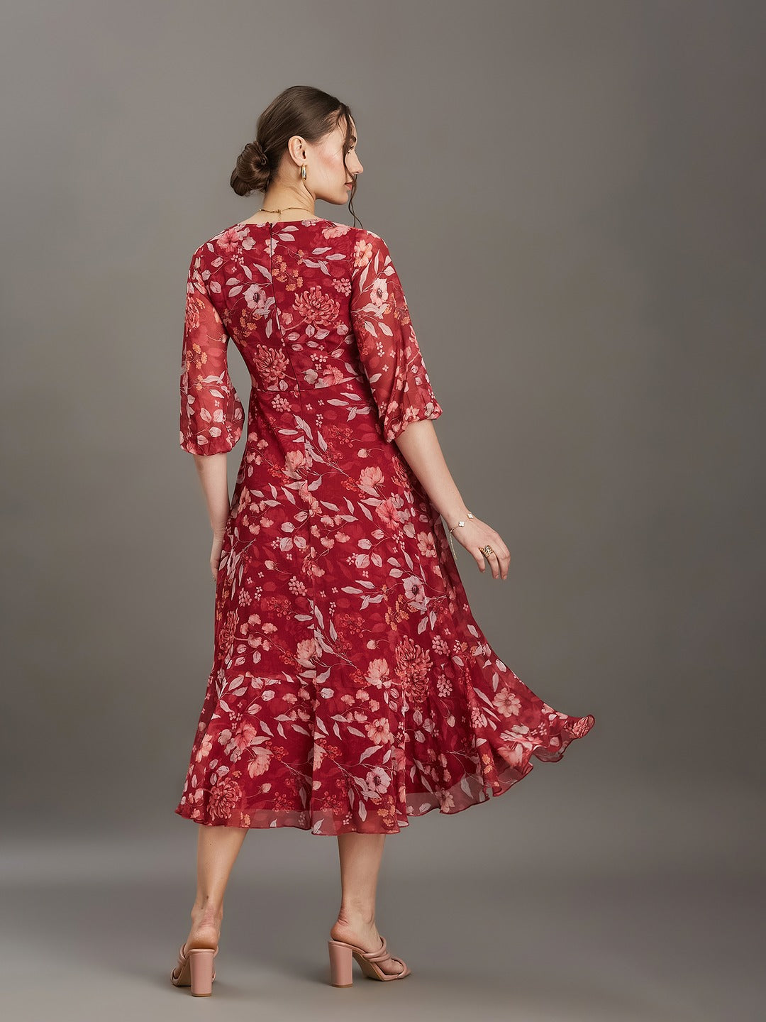 Multicolored Maroon Floral V-Neck 3/4 Sleeve Wrap Midi Chiffon Dress for Women