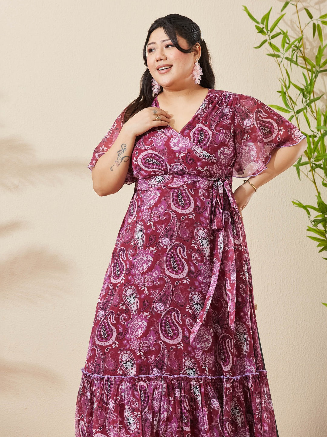 Wine V-Neck Half Sleeve Floral Wrap Maxi Chiffon Dress for Women