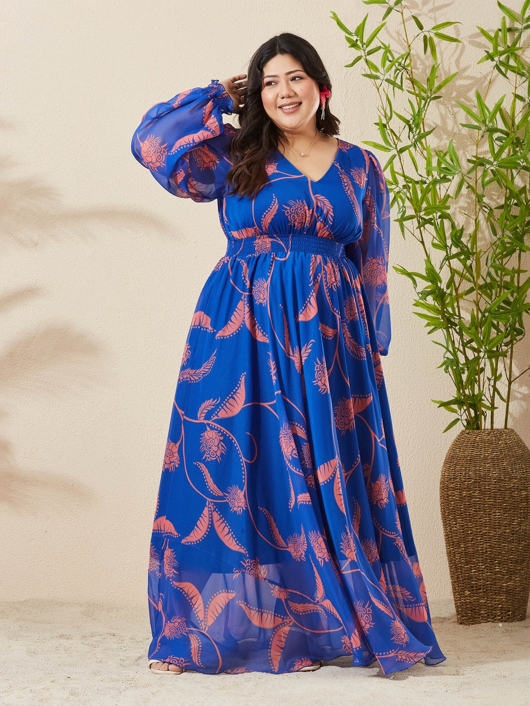 Royal Blue & Coral Floral V-Neck Bishop Sleeve Smocked Chiffon Maxi Dress for Women