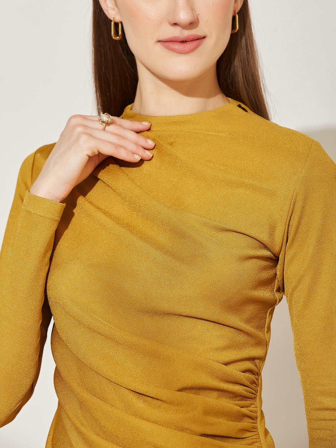 Golden Draped Polo Neck Full Sleeve Polyester Top for Women