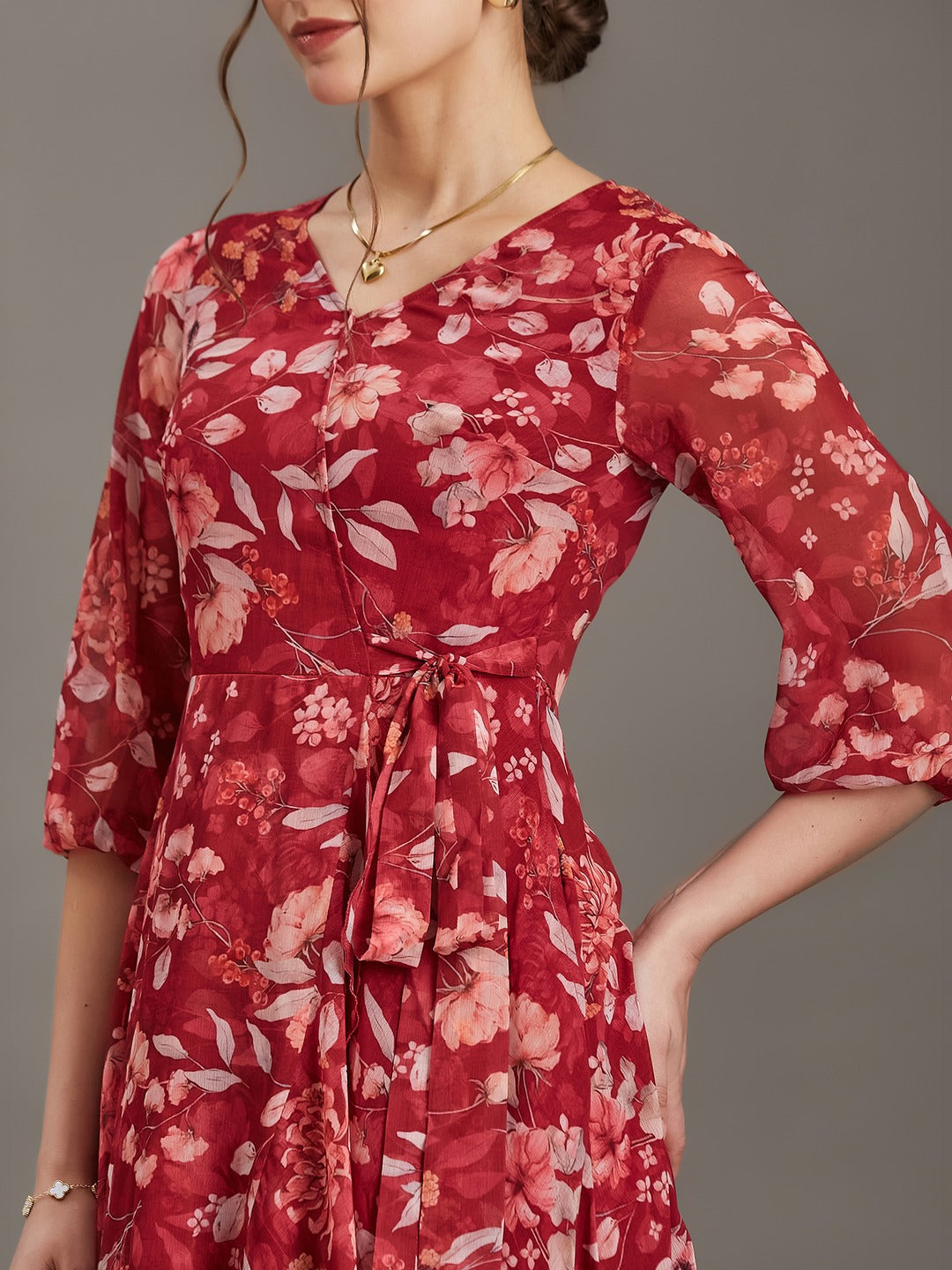 Multicolored Maroon Floral V-Neck 3/4 Sleeve Wrap Midi Chiffon Dress for Women
