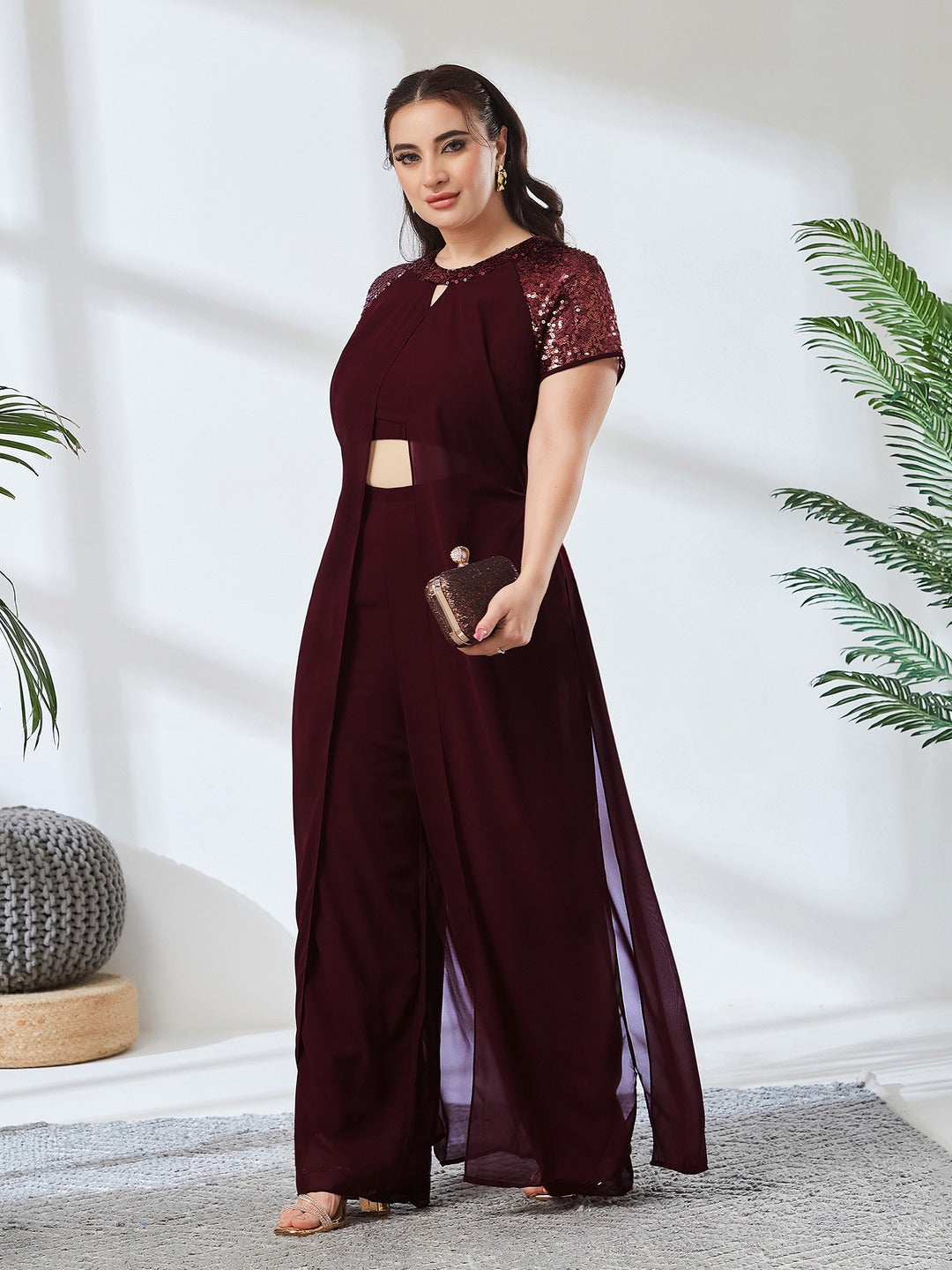 Wine Solid Regular Length Round Neck Raglan Short Sleeves Sequin Panel Layered Embellished Jumpsuit for Women