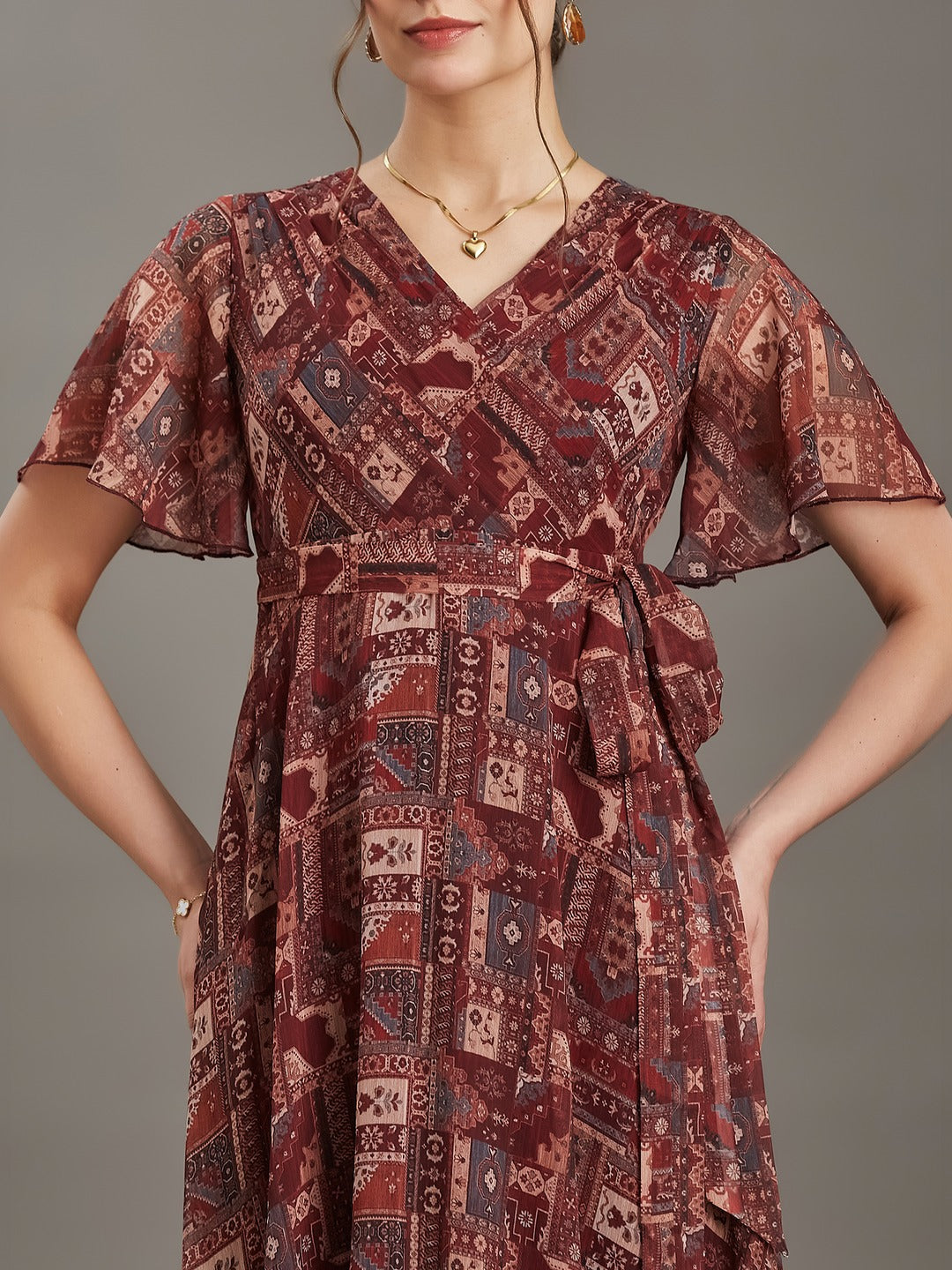 Brown Floral V-Neck Flared Sleeve Wrap Maxi Chiffon Dress for Women