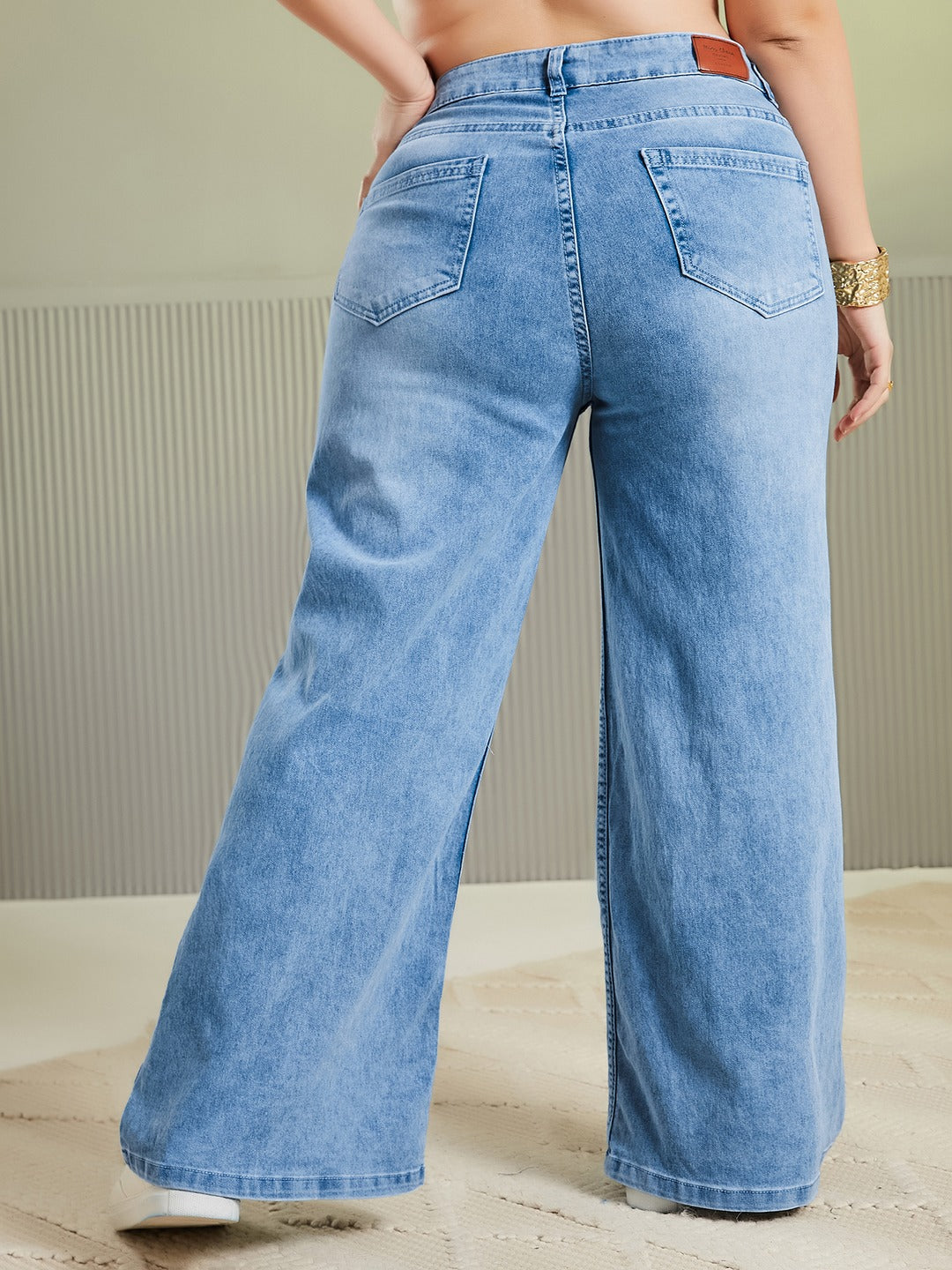 Light Blue Wide-Leg Mid Rise Blast Effect Denim Jeans for Women