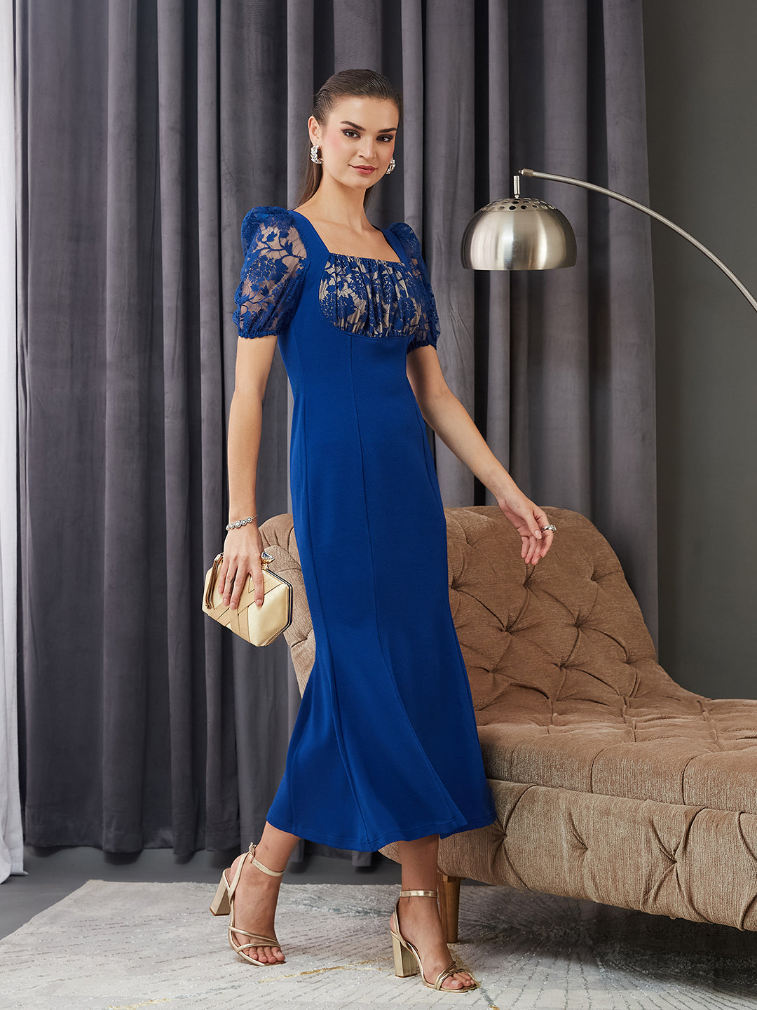 Royal Blue Square Neck Puff Sleeve Self Design Lace Overlaid Ankle Length Dress for Women
