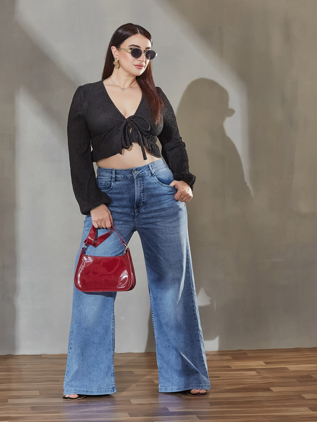 Light Blue Wide-Leg Mid Rise Blast Effect Light Weight Denim Jeans for Women