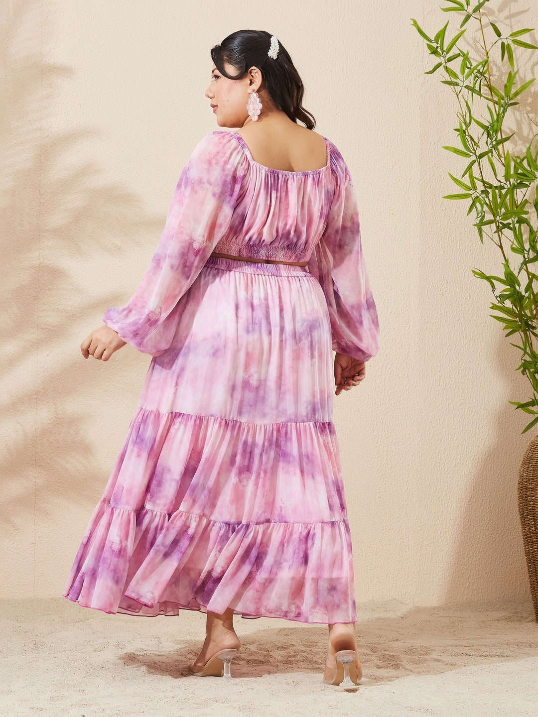 Pink and Lavender Sweetheart Neck Bishop Sleeve Floral Fit & Flare Maxi Chiffon Co-Ord Set for Women