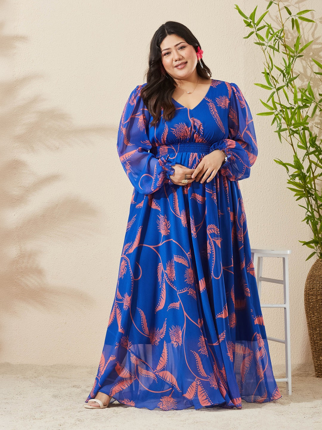 Royal Blue & Coral Floral V-Neck Bishop Sleeve Smocked Chiffon Maxi Dress for Women