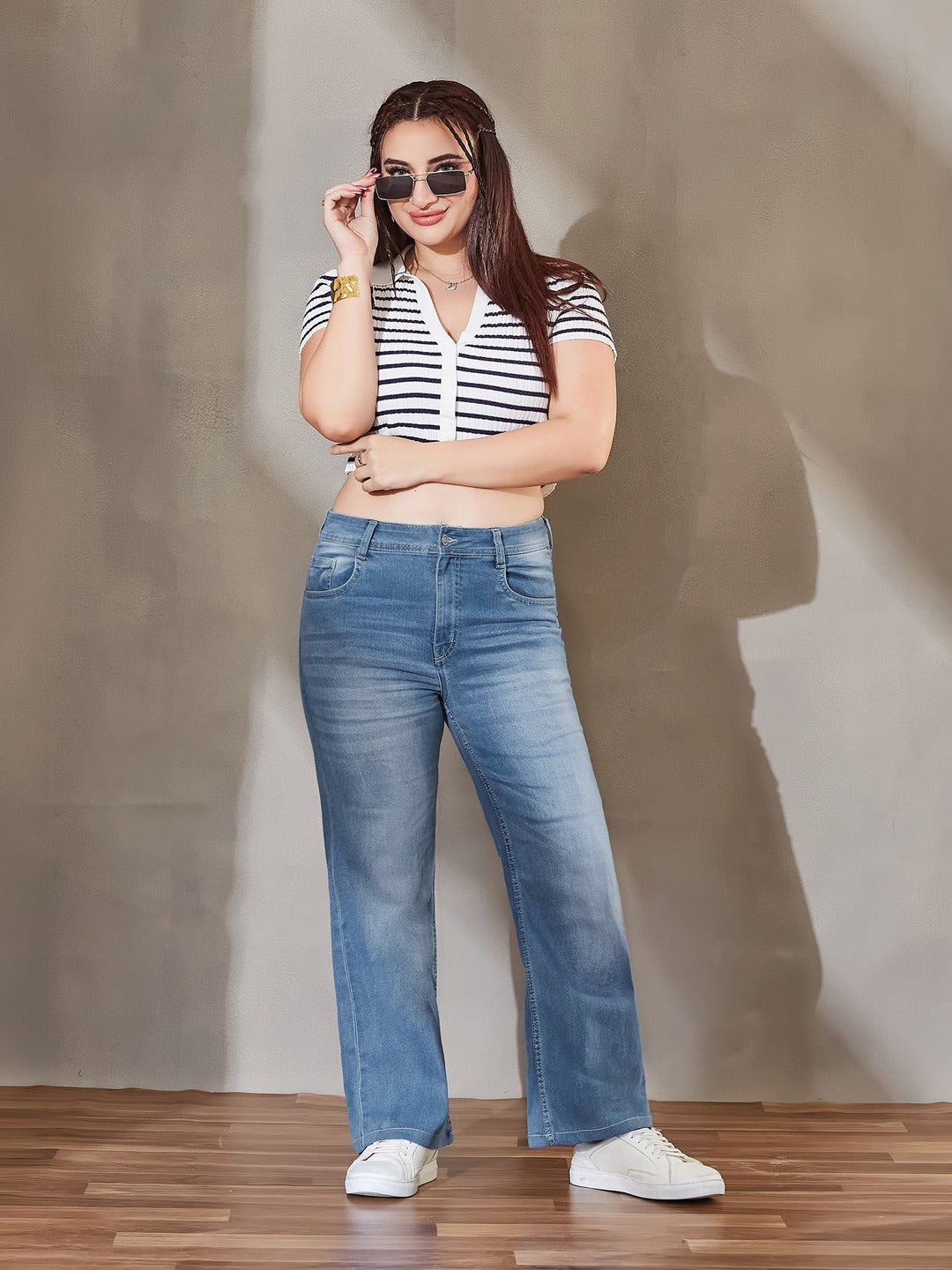 Blue Wide-Leg High-Rise Stretchable Denim Jeans for Women