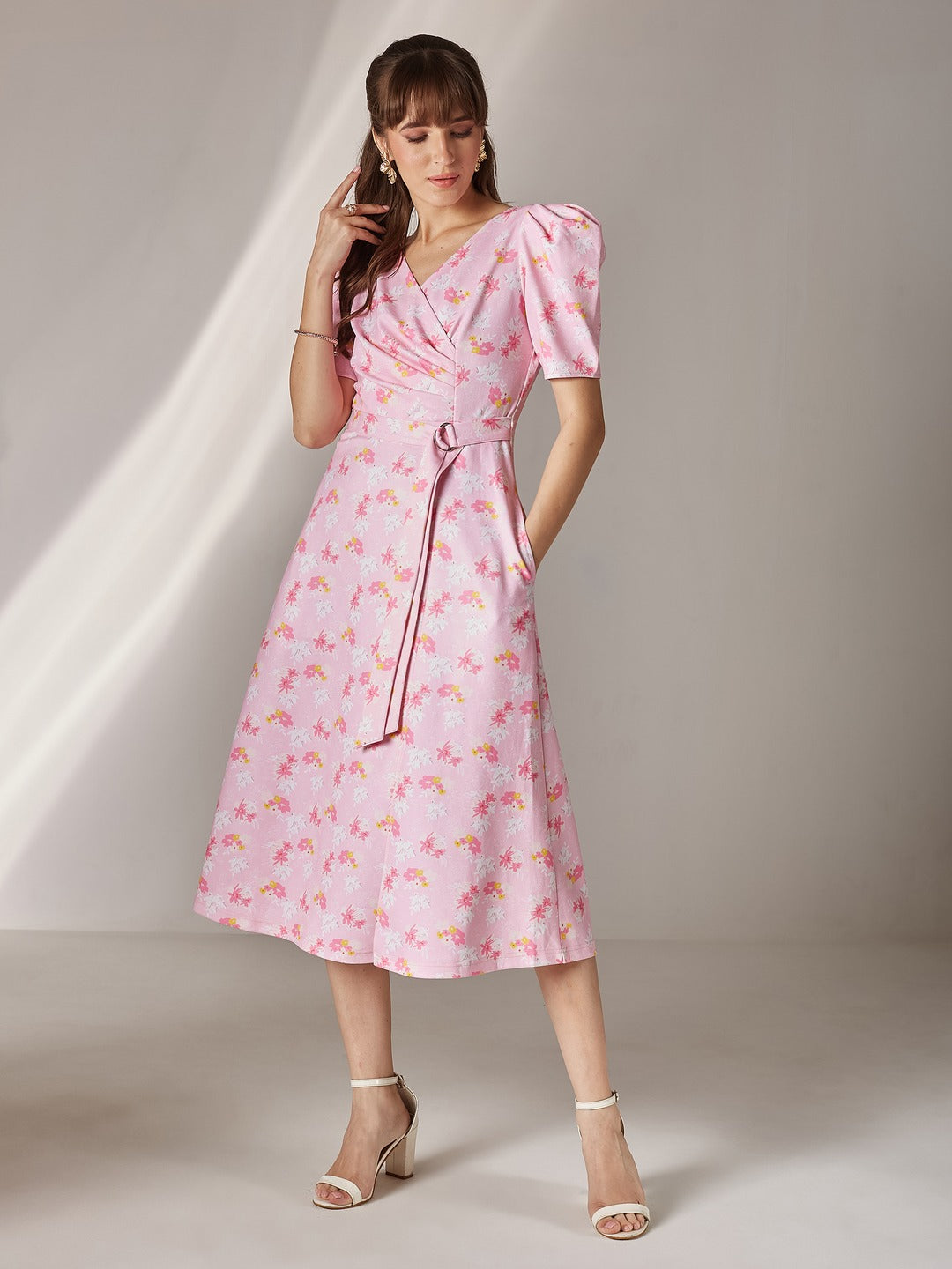 Pink V-neck Puff Sleeve Floral Wrap Midi Dress for Women