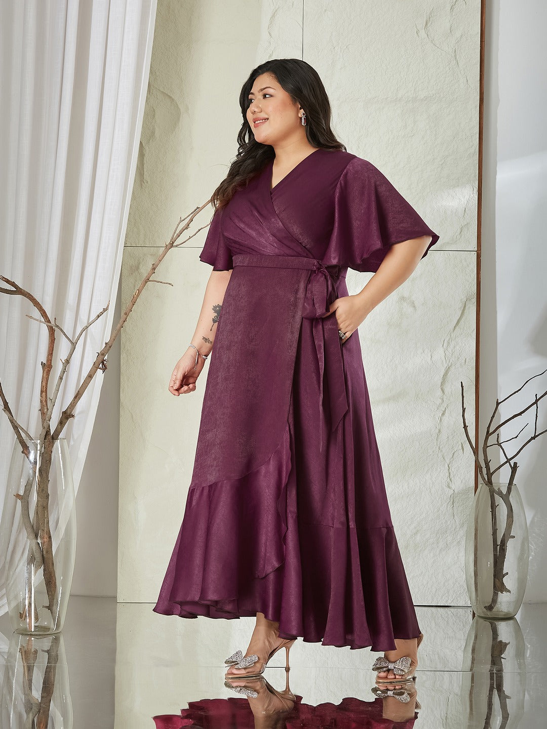 Wine V-Neck Flared Solid Overlap/Tie-Up Midi Satin Dress for Women