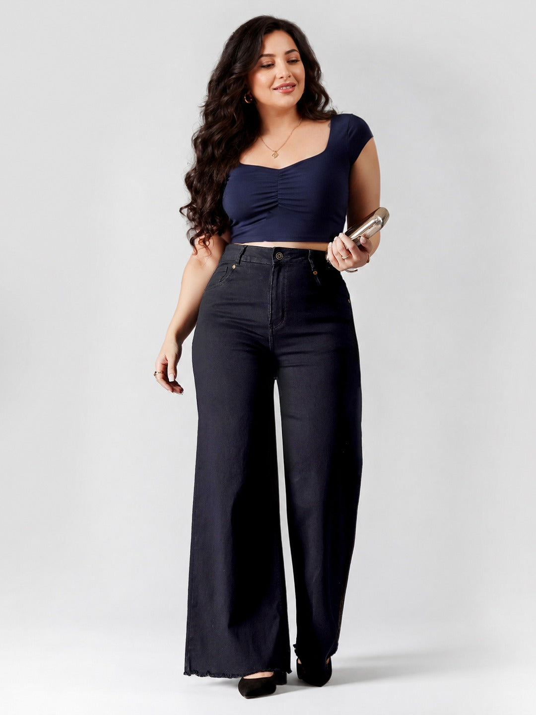 Black High Rise Stretchable Wide Leg Denim Jeans for Women