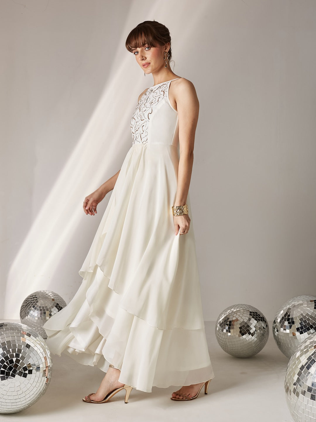 Off White Round Neck Sleeveless Solid Embellished Maxi Dress for Women