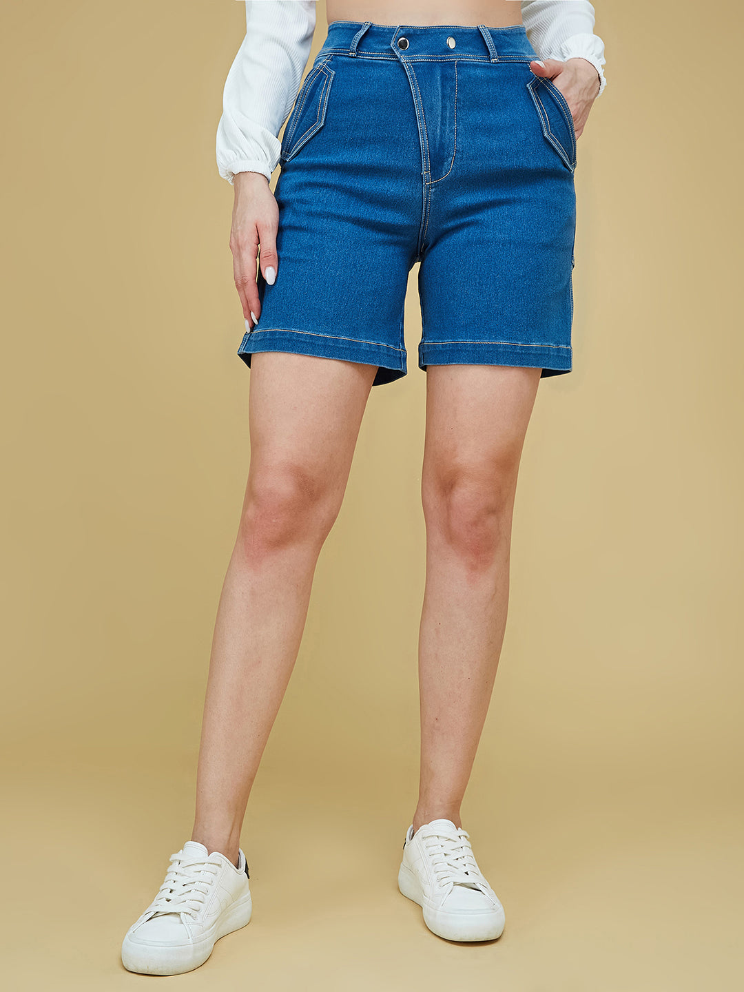 Relaxed-Fit Mid-Rise Stretchable Blue Denim Bermuda Shorts for Women