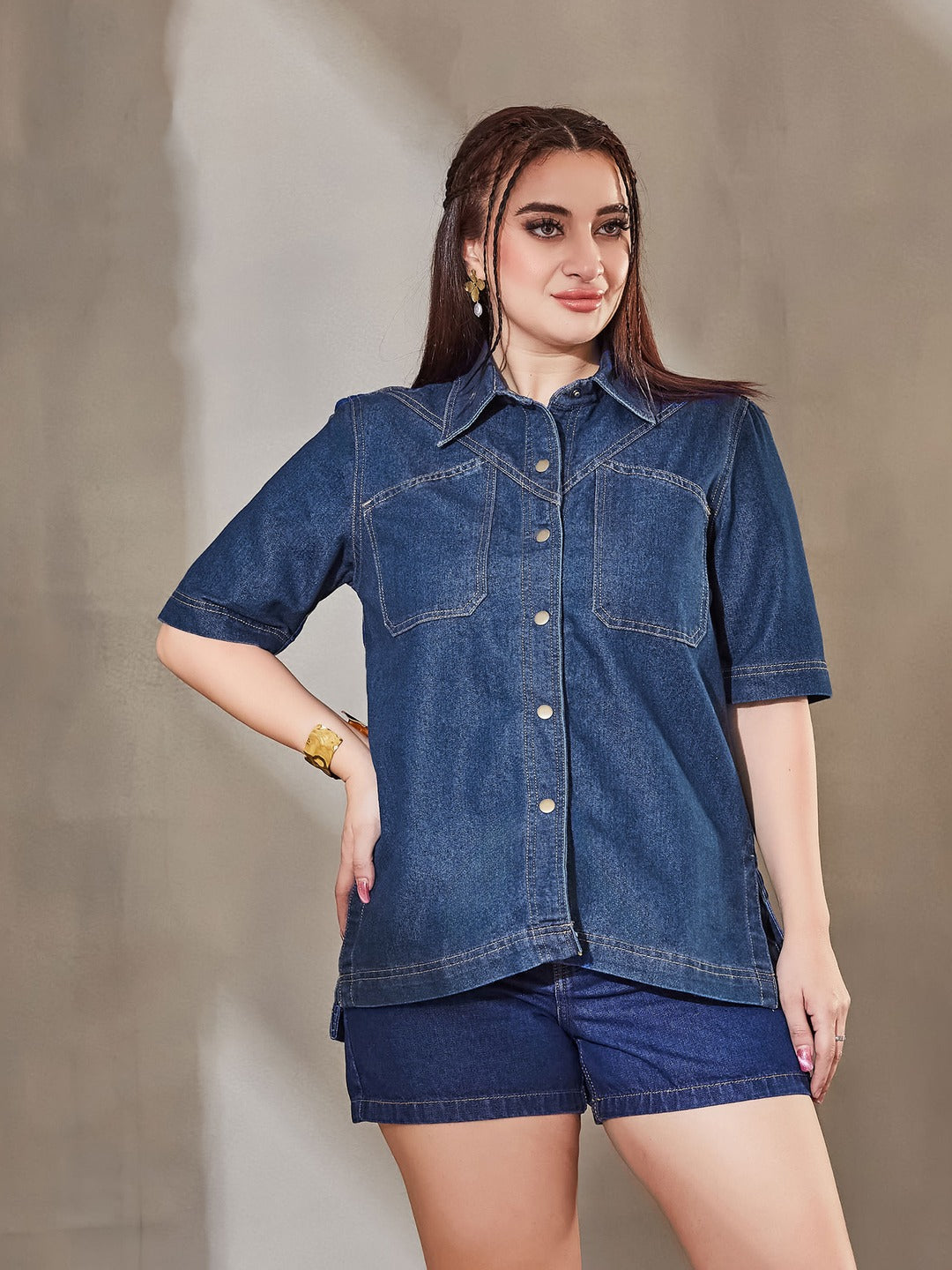 Navy Blue Boxy Denim Shirt - Half Sleeves, Collared, Relaxed Fit for Women