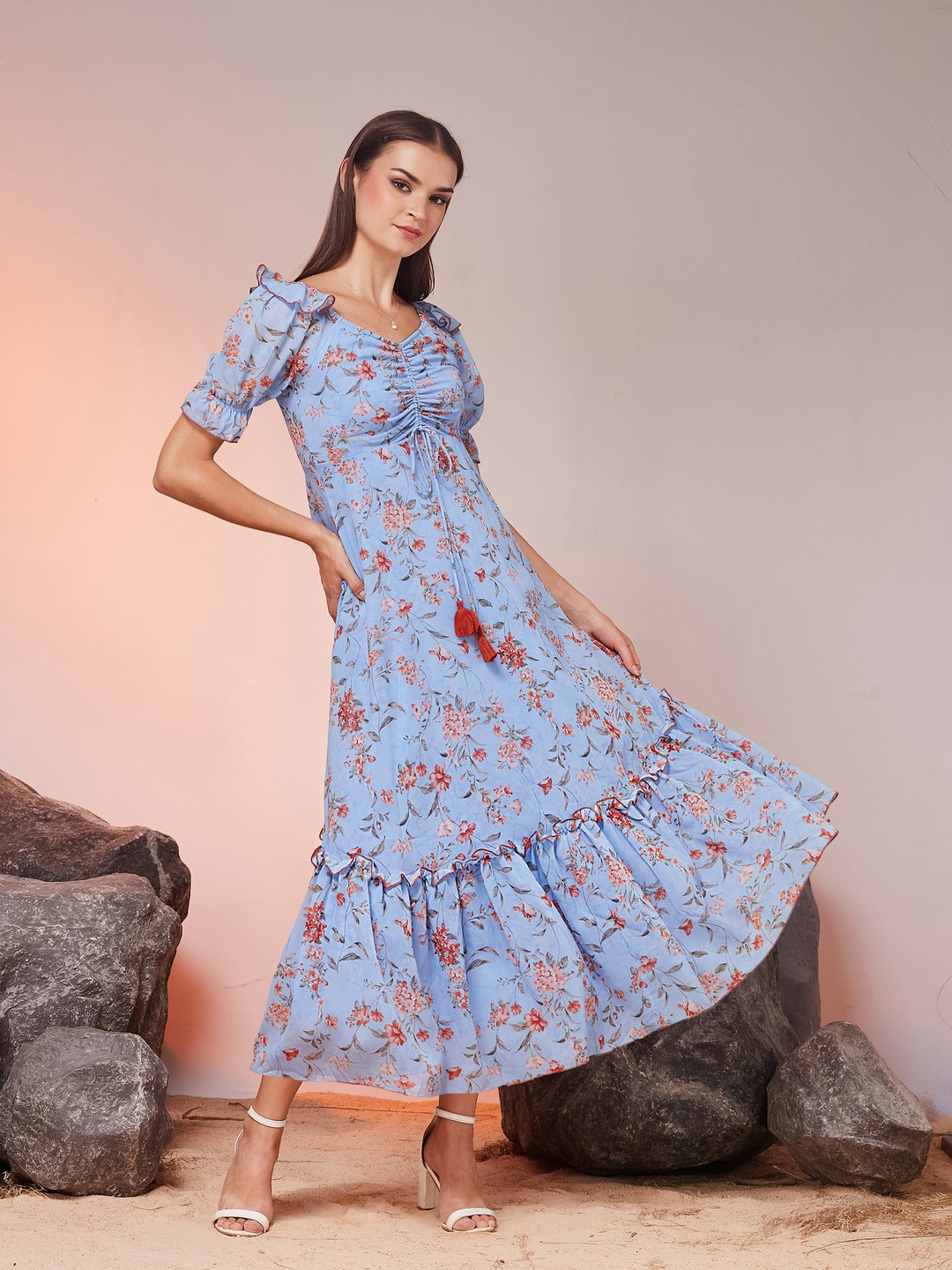 Powder Blue V-Neck Puff Sleeve Floral Ruching Ankle-Length Dress for Women