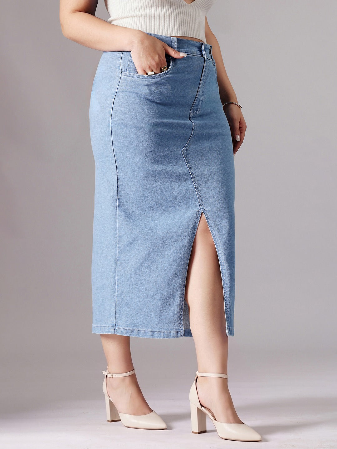 Light Blue Straight Fit High Rise Stretchable Denim Midi Skirt for Women