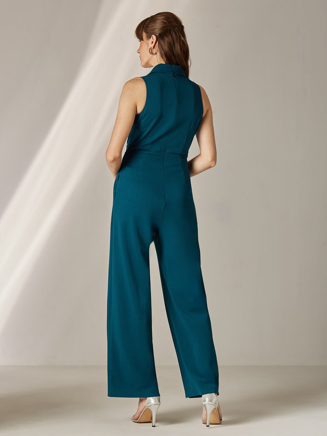 Teal Notched Collar Sleeveless Solid Wrap Jumpsuit for Women