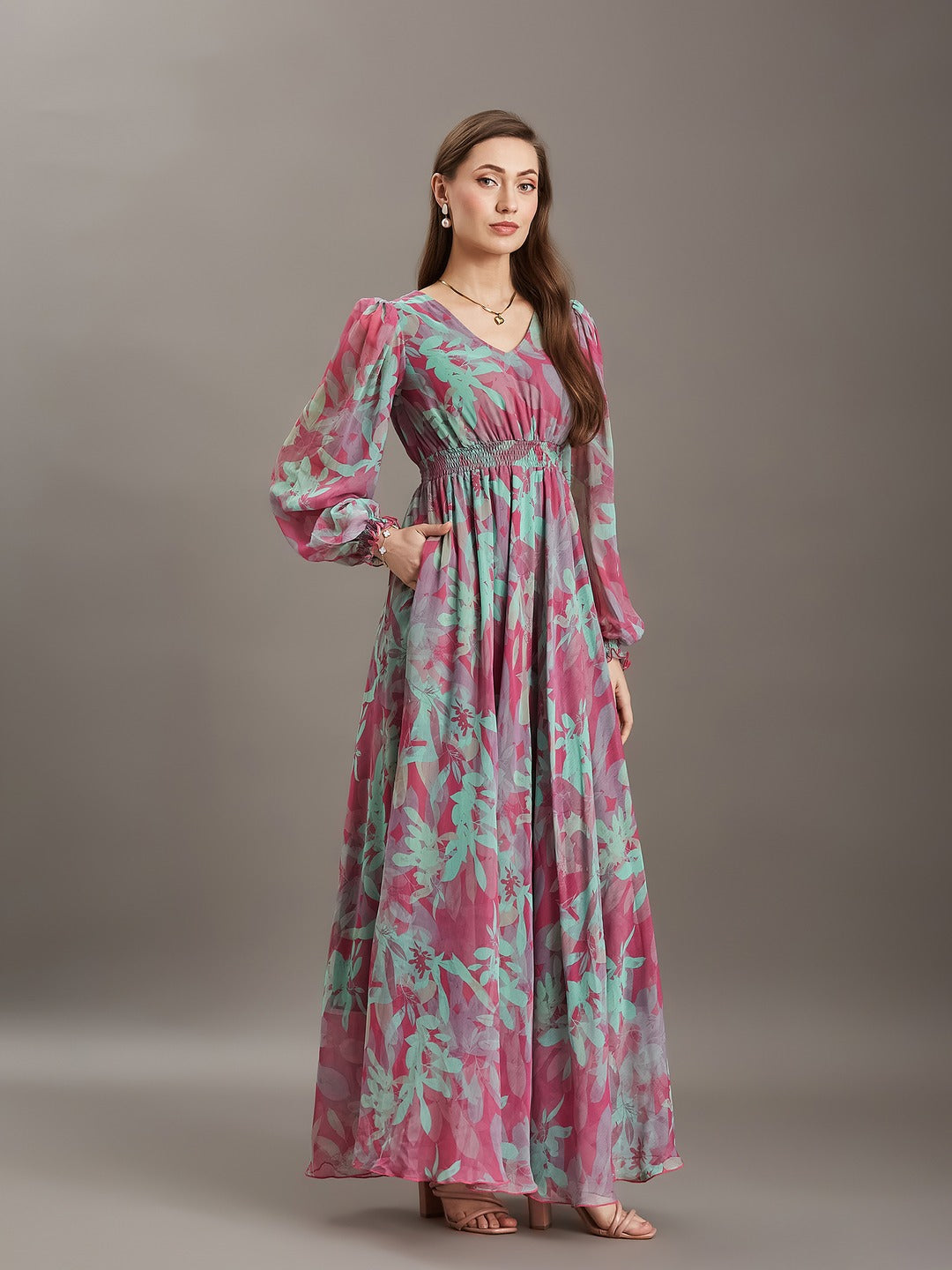 Pink & Mint Floral V-Neck Smocked Bishop Sleeve Maxi Chiffon Dress for Women