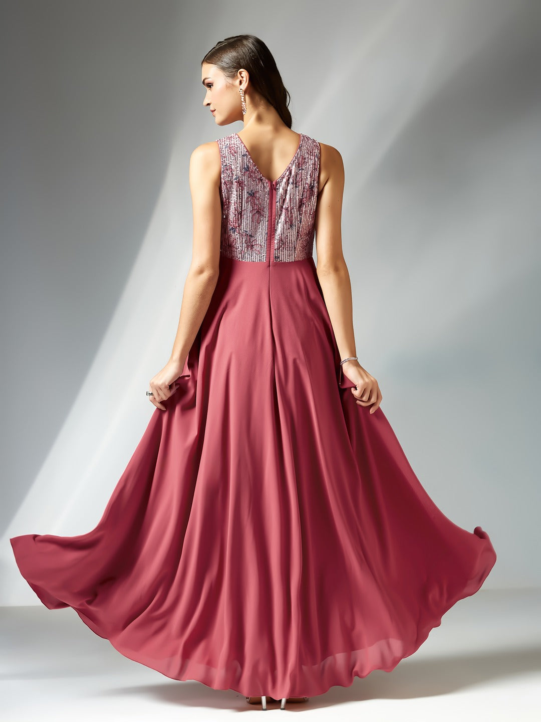Pink V-Neck Sleeveless Floral Embellished Fit & Flare Maxi Georgette Dress for Women