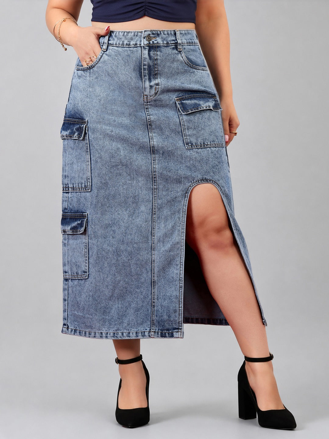 Blue Straight-Fit High-Rise Non-stretchable Denim Midi Skirt for Women