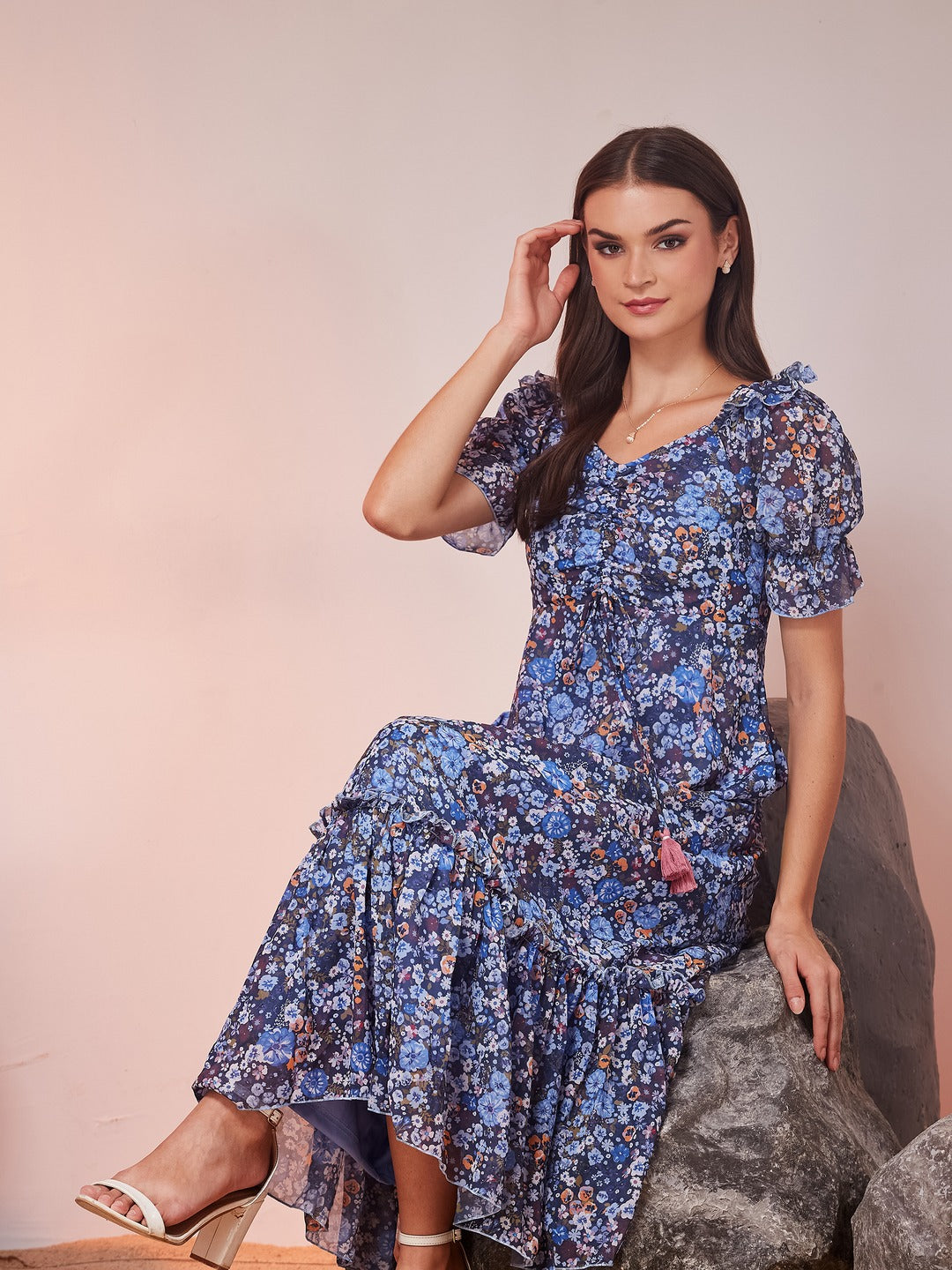 Navy Blue V-Neck Puff Sleeve Floral Ruching Ankle-Length Dress for Women