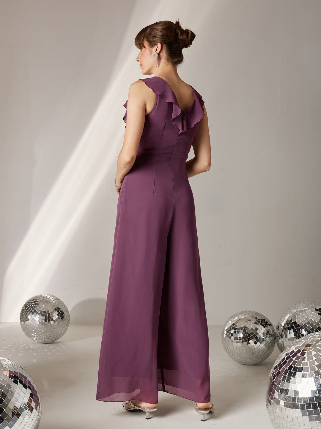 Mauve Sleeveless Embellished Ruffle-Styled Jumpsuit for Women