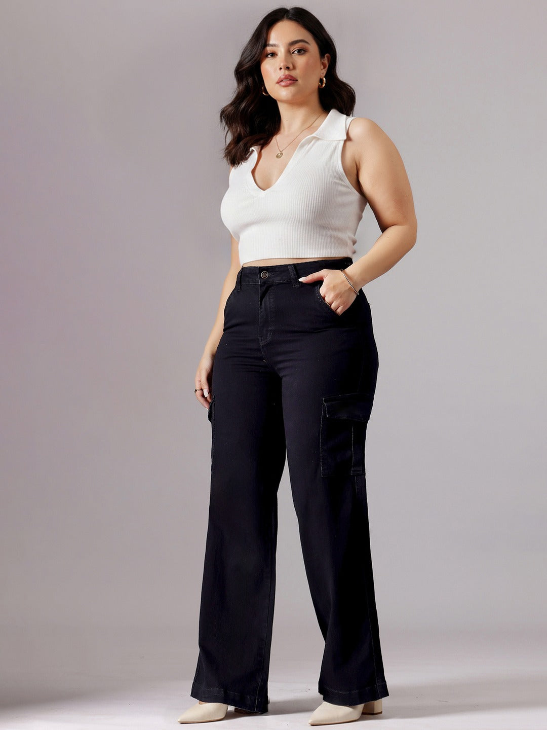 Black Wide-Leg High-Rise Stretchable Denim Jeans for Women