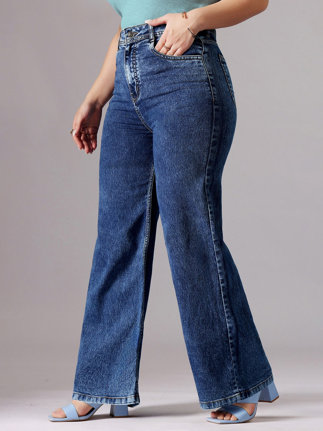 Light Blue Boot Cut High rise Cropped Stretchable Denim Jeans for Women