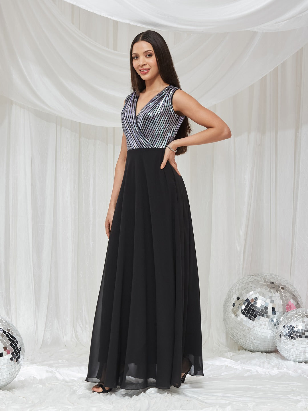 Black V-Neck Sleeveless Embellished Wrap Maxi Georgette Dress for Women