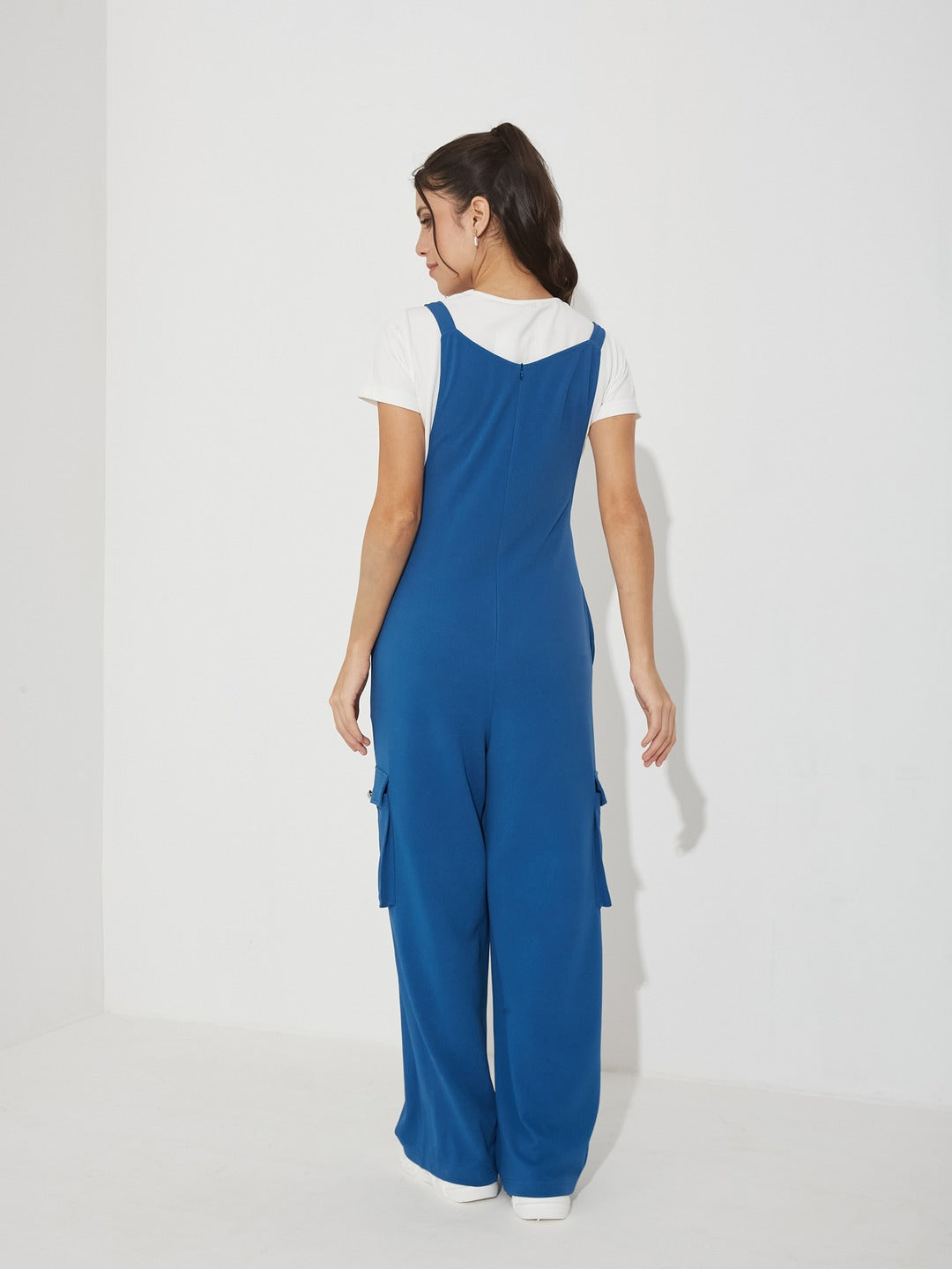 Azure Blue Round Neck Half Sleeve Solid Polyester Regular Fit Dungaree Co-Ord Set for Women