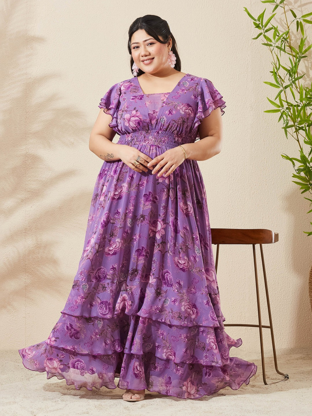 Lavender Tapered Square Neck Layered Ruffle Floral Ruffled Maxi Chiffon Dress for Women