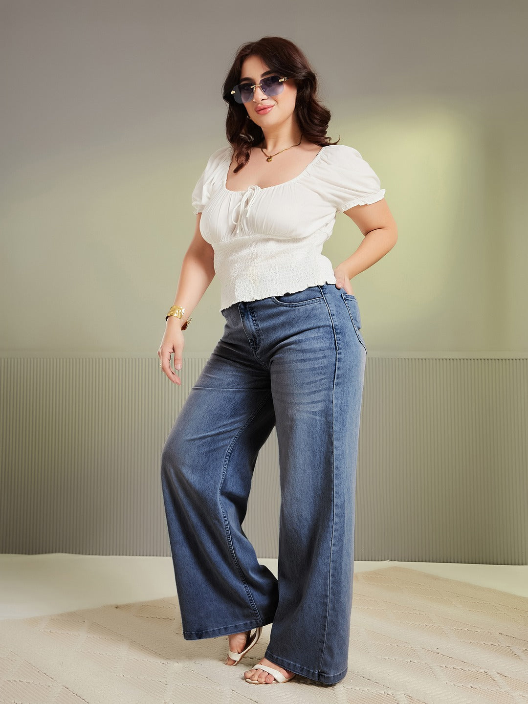 CHASEshape™ Light Blue High Rise Stretchable Denim Wide Leg Jeans for Women