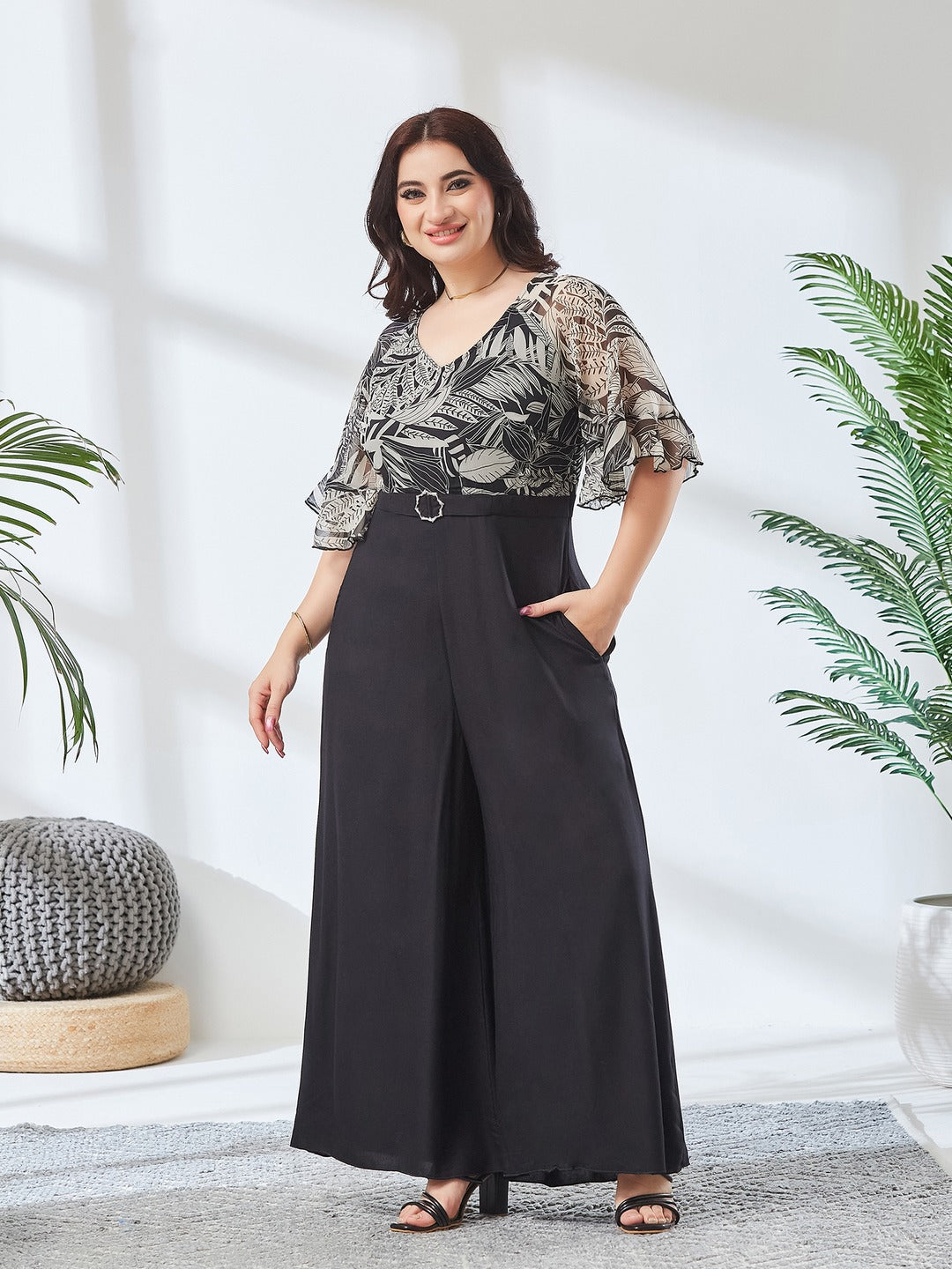 Black V Neck Ruffled Sleeve Wide Leg Regular-Length Polyester Printed Jumpsuit for Women