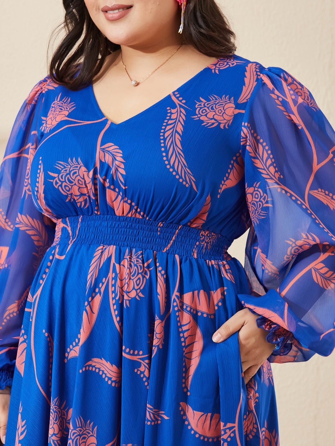 Royal Blue & Coral Floral V-Neck Bishop Sleeve Smocked Chiffon Maxi Dress for Women