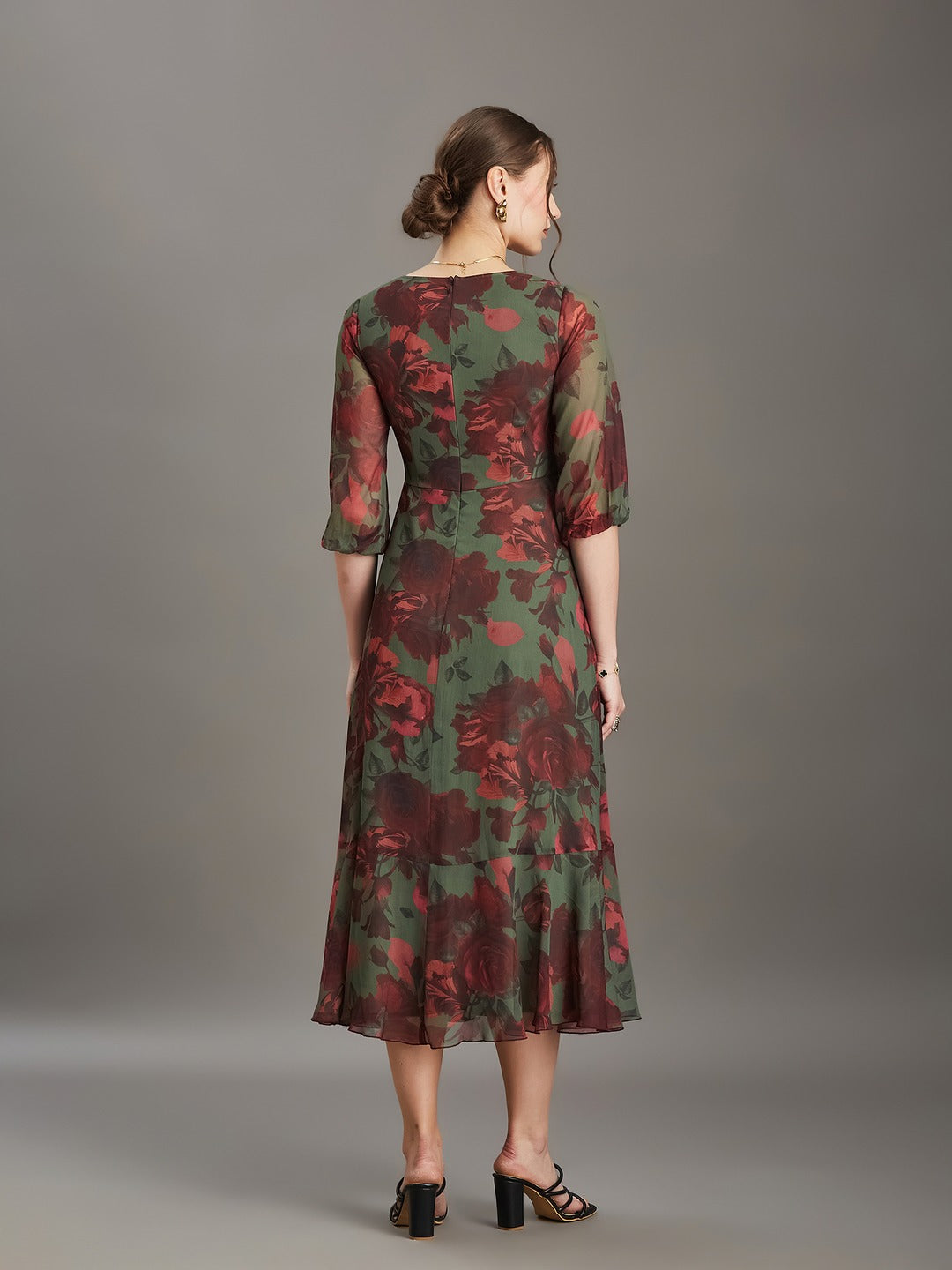 Olive & Wine Floral V-Neck 3/4 Sleeve Wrap Midi Chiffon Dress for Women