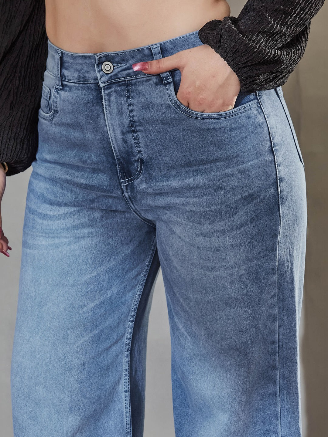 Light Blue Wide-Leg Mid Rise Blast Effect Light Weight Denim Jeans for Women