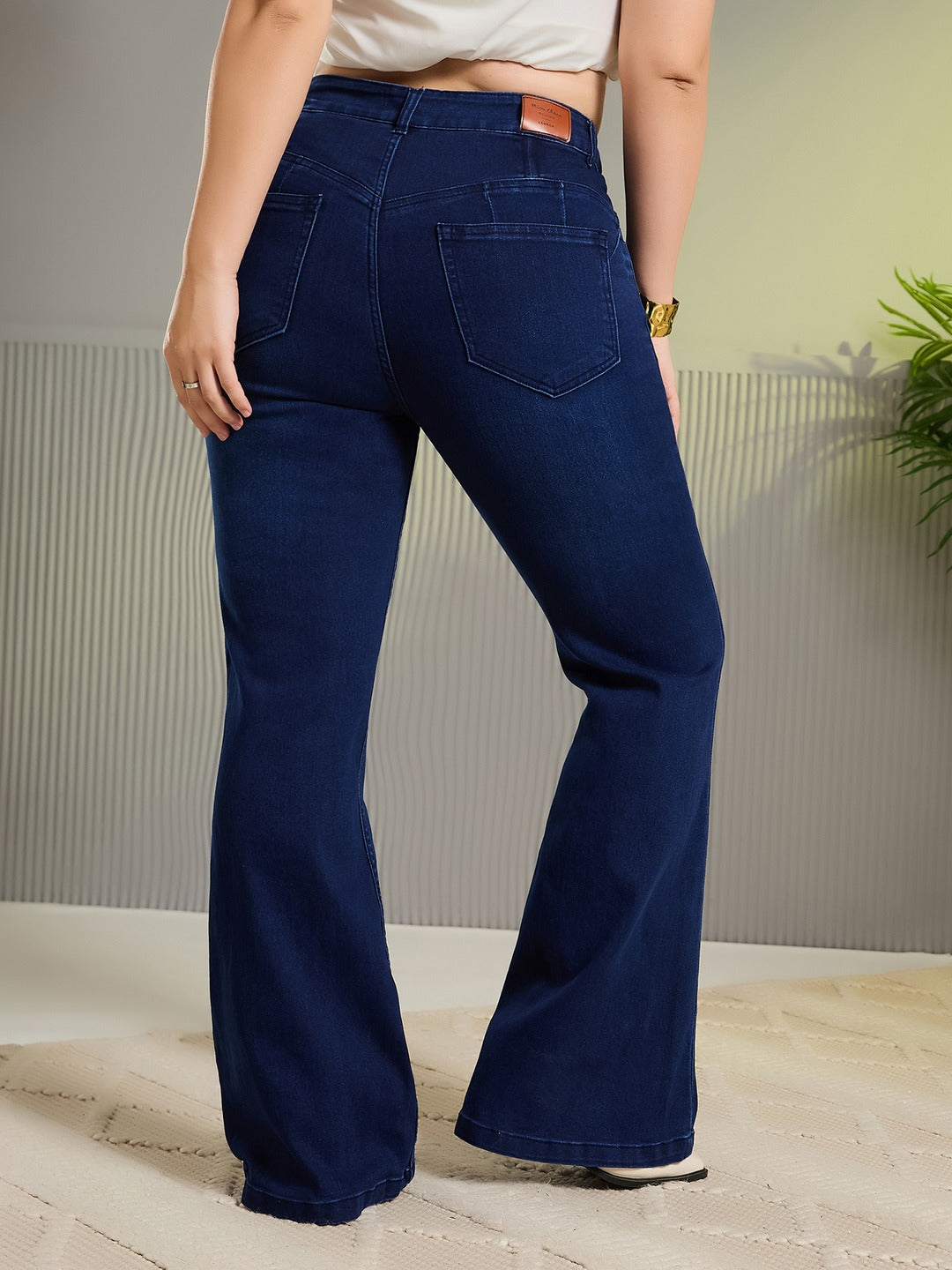 Blue Wide-Leg High-Rise Stretchable Denim Jeans for Women