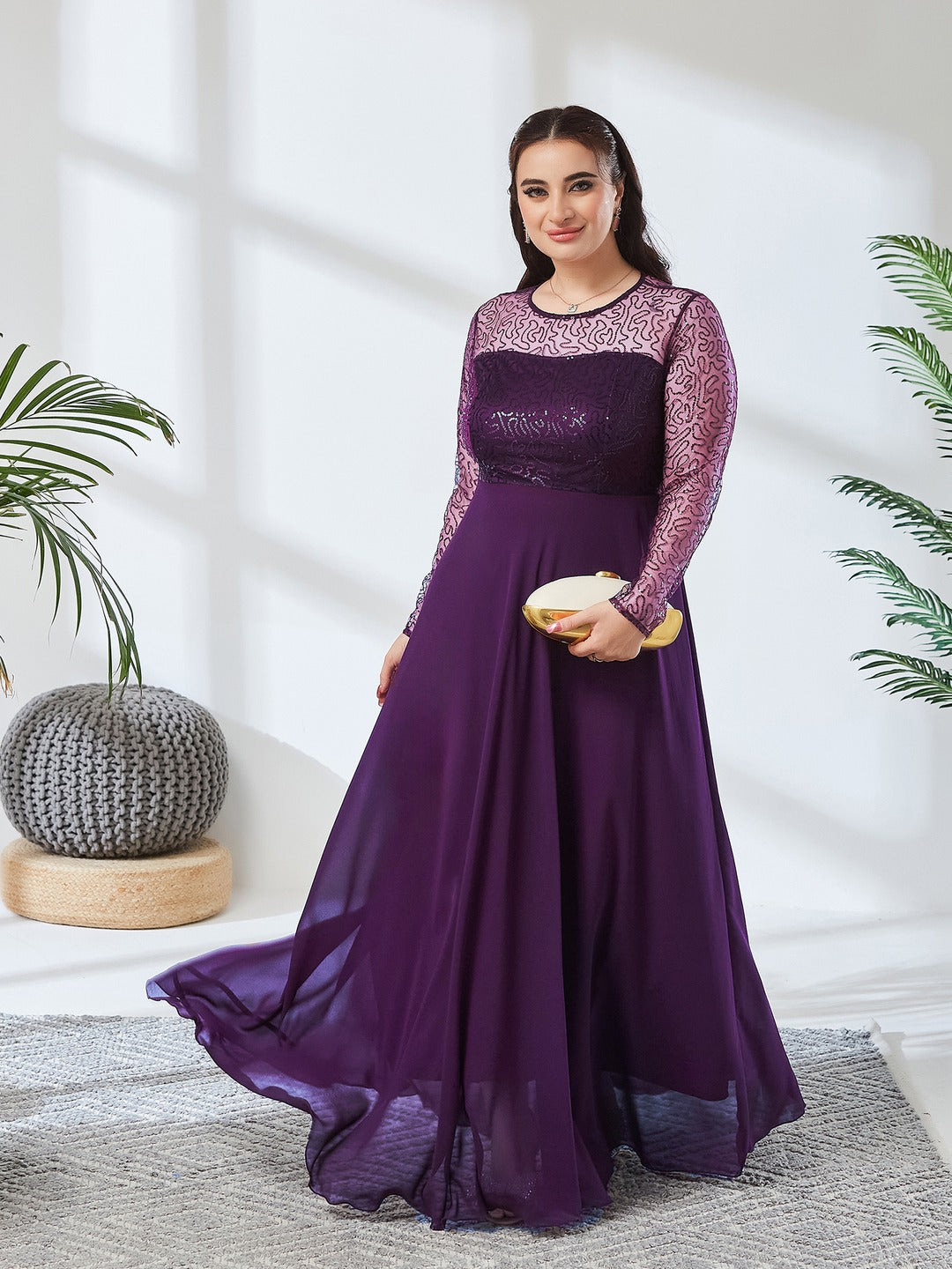 Dark Purple Solid Embellished Maxi Dress for Women