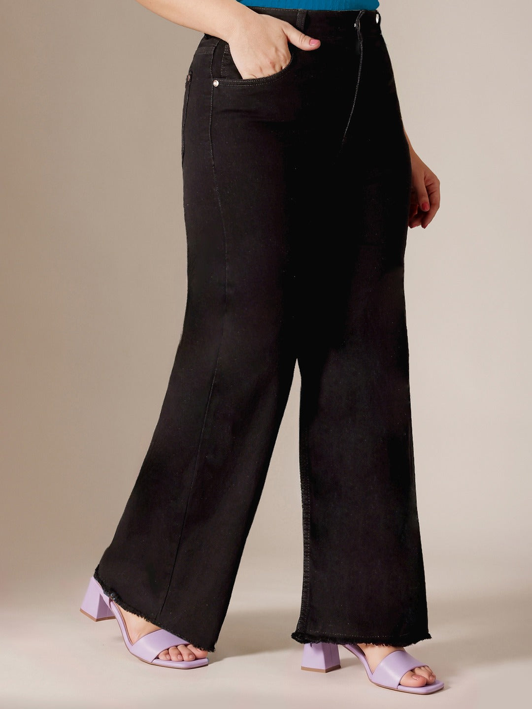 Black High Rise Stretchable Wide Leg Denim Jeans for Women