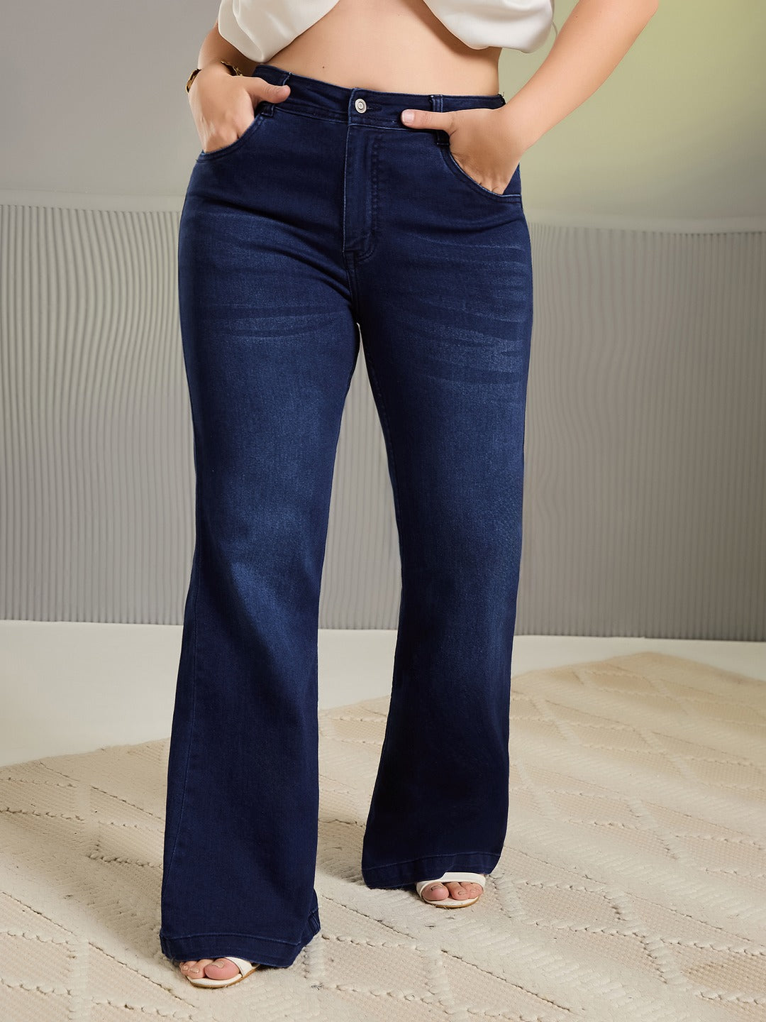 Black Wide leg High rise Regular Stretchable Denim Jeans for Women