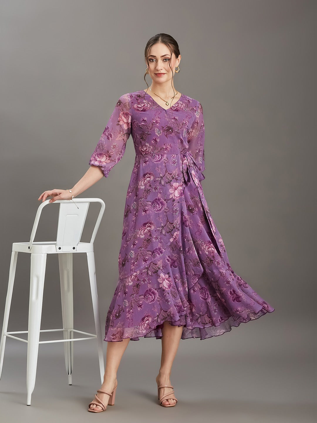 Multicolored Lavender Floral V-Neck 3/4 Sleeve Wrap Chiffon Midi Dress for Women