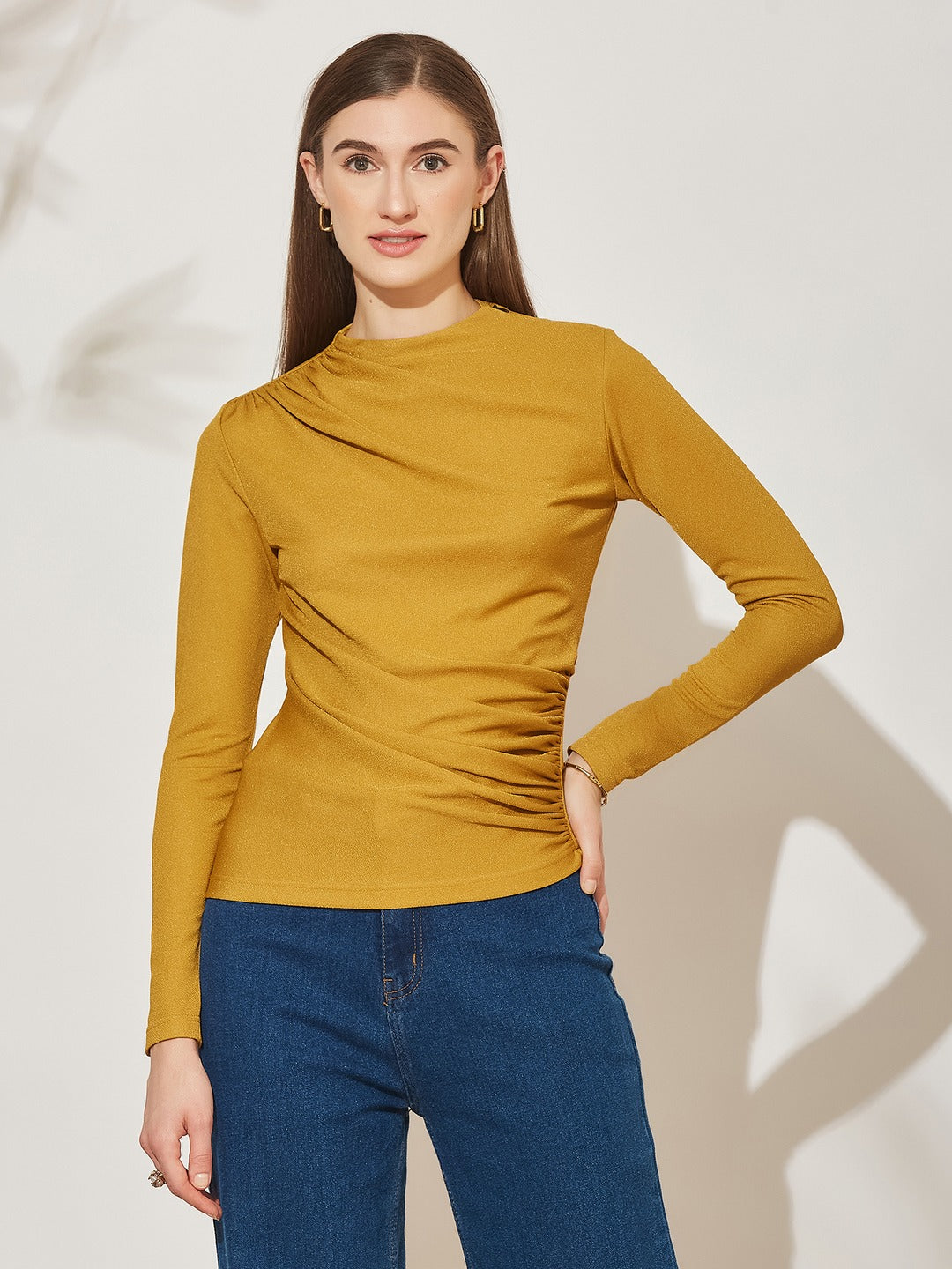 Golden Draped Polo Neck Full Sleeve Polyester Top for Women