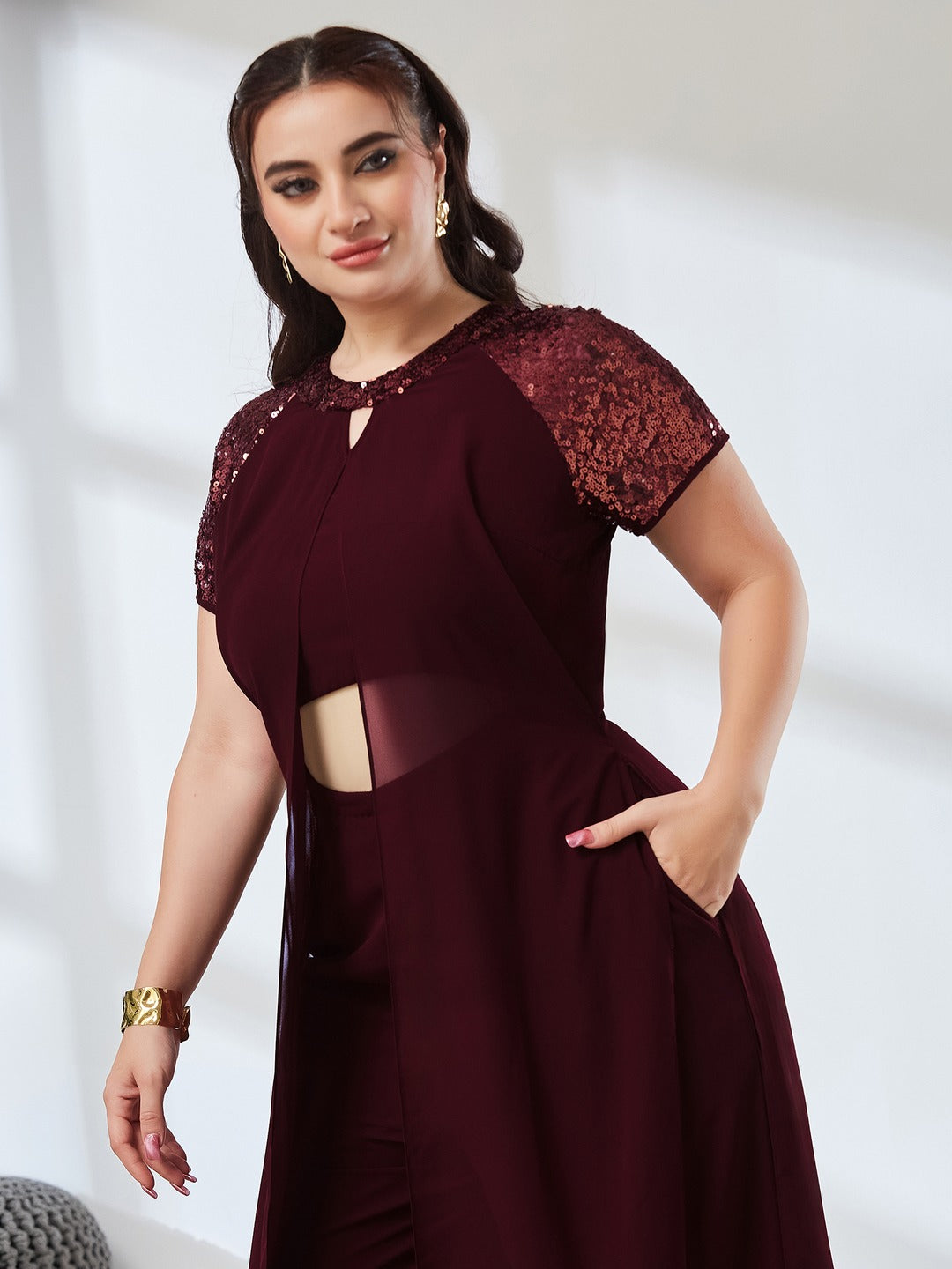 Wine Solid Regular Length Round Neck Raglan Short Sleeves Sequin Panel Layered Embellished Jumpsuit for Women